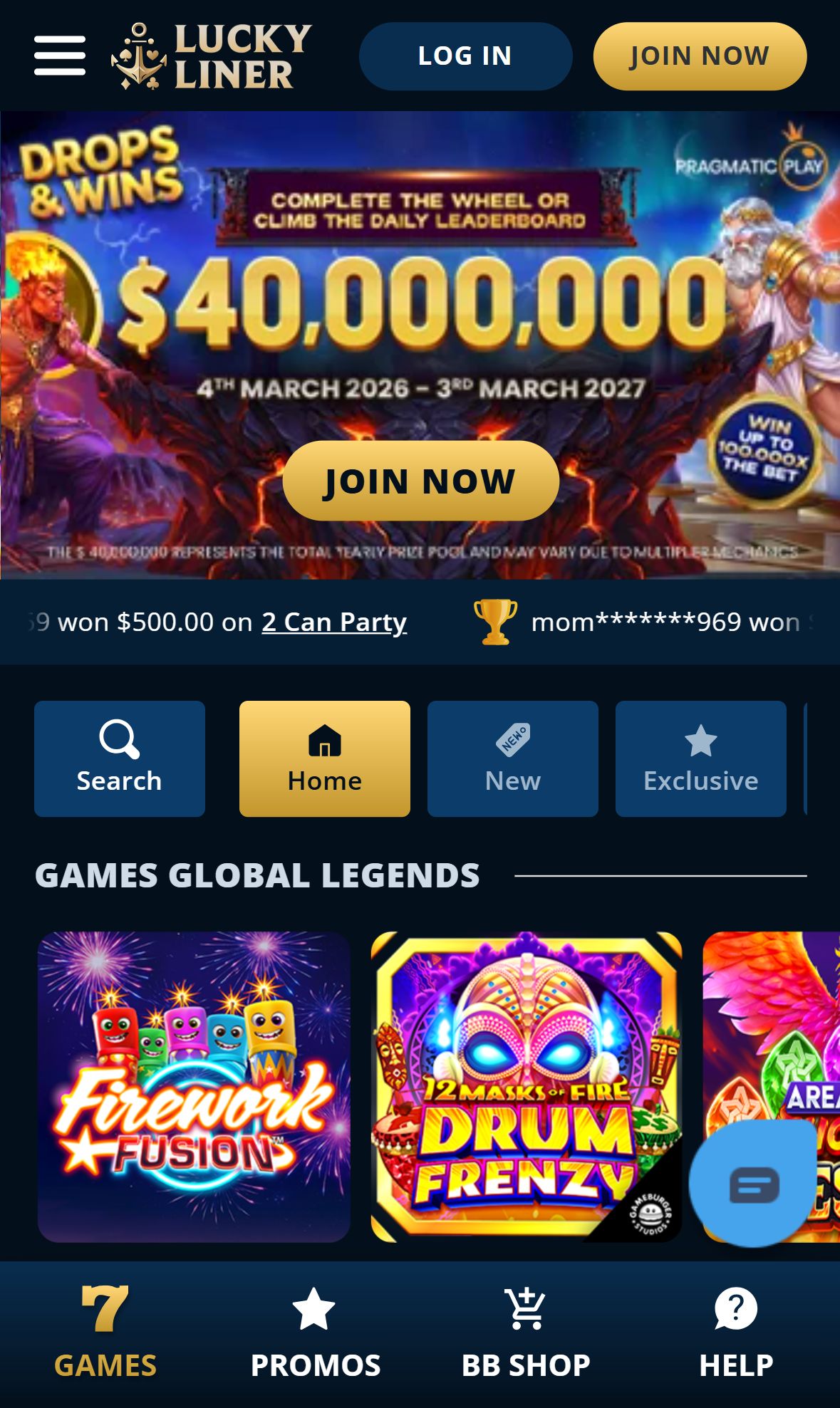 Luckyliner — Lobby (Mobile)