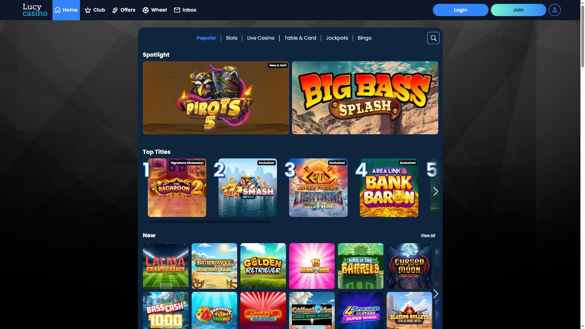 LucyCasino — Lobby (Desktop)
