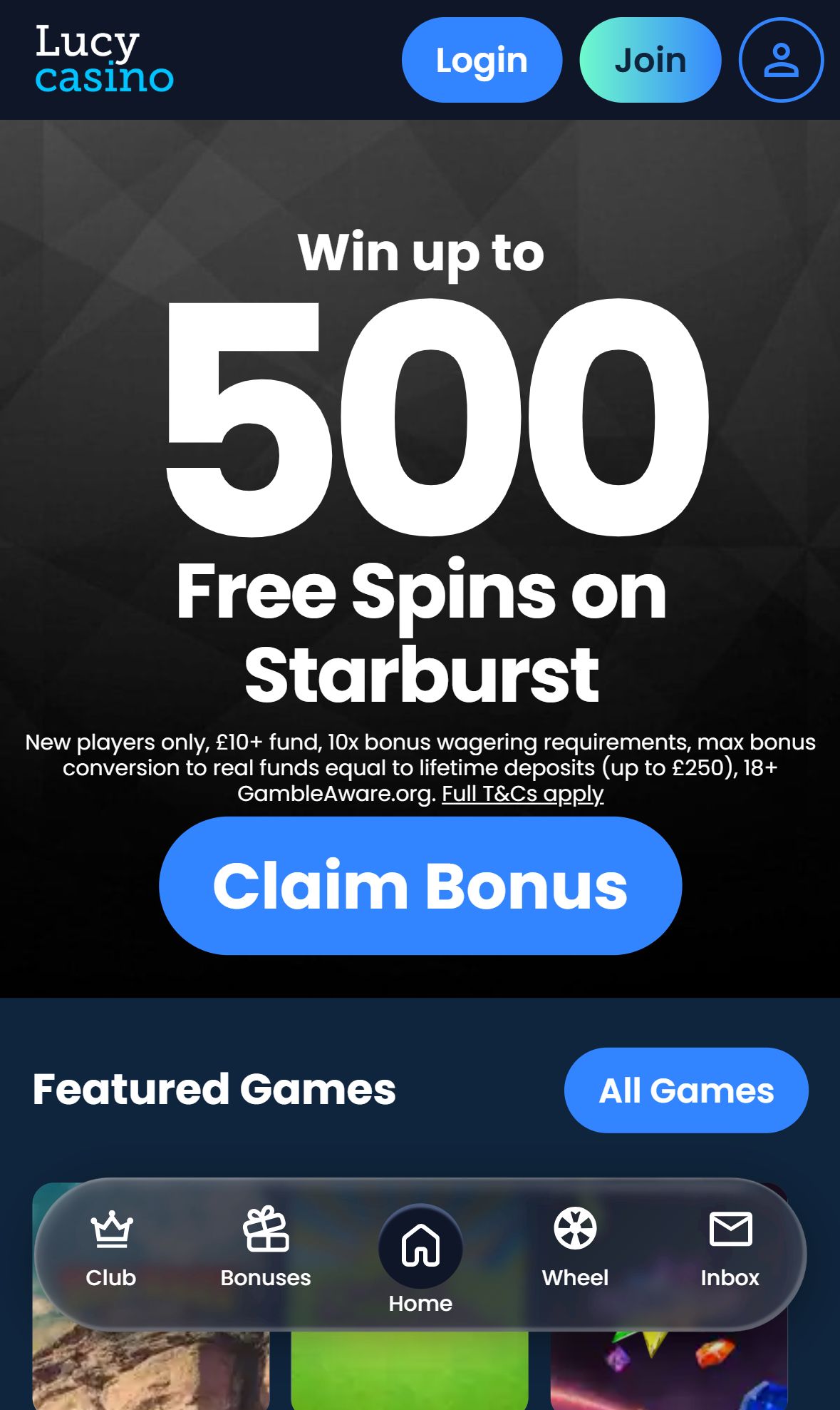 LucyCasino — Homepage (Mobile)