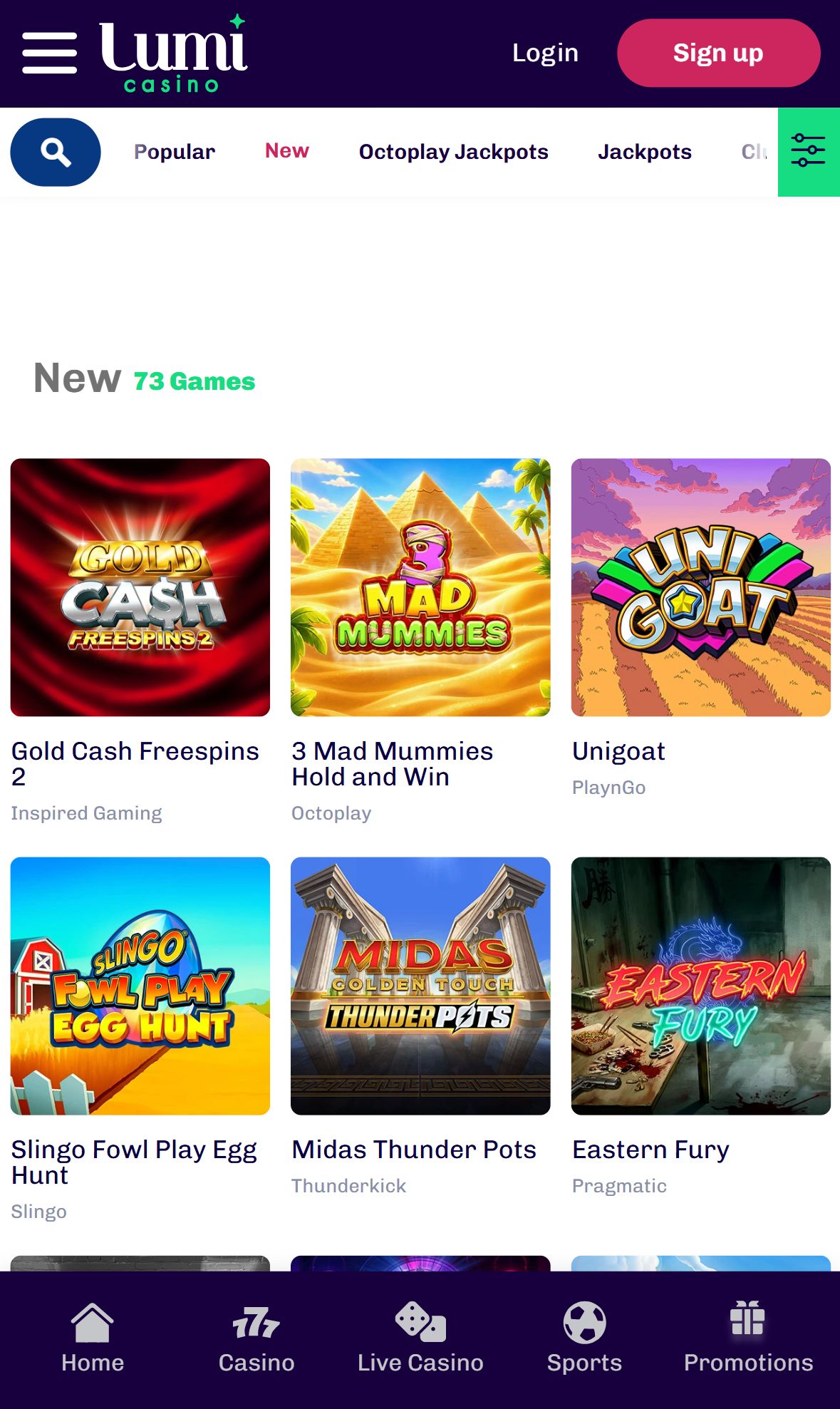 Lumicasino — Lobby (Mobile)
