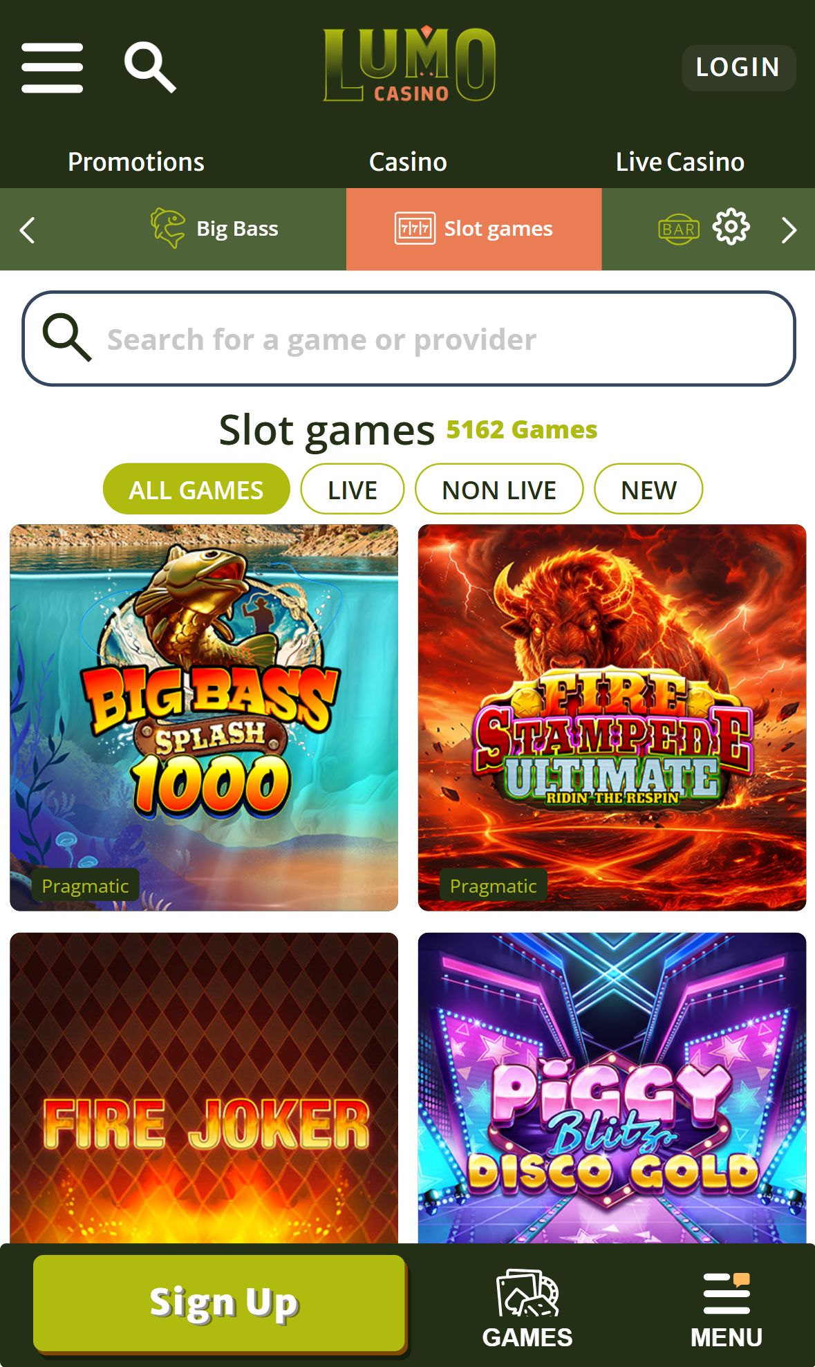 Lumocasino — Lobby (Mobile)