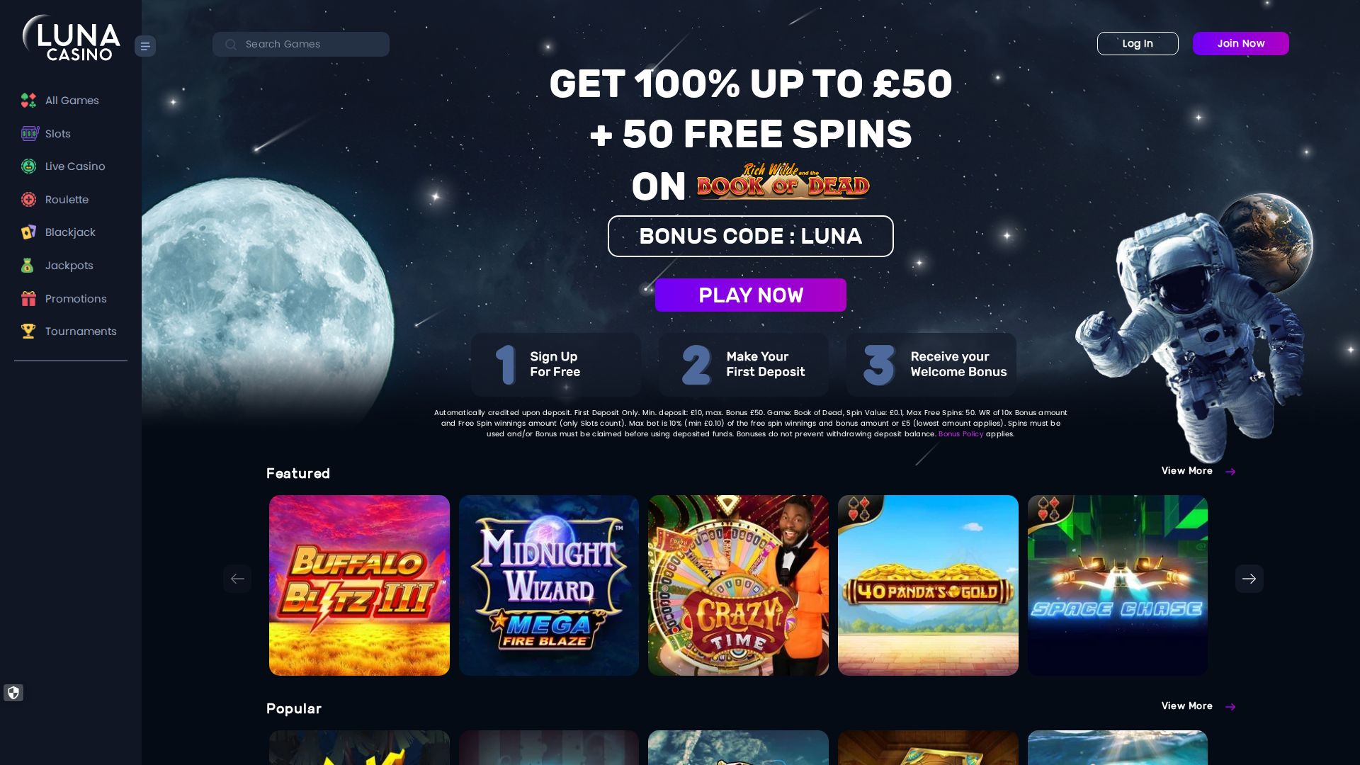Luna Casino — Homepage (Desktop)