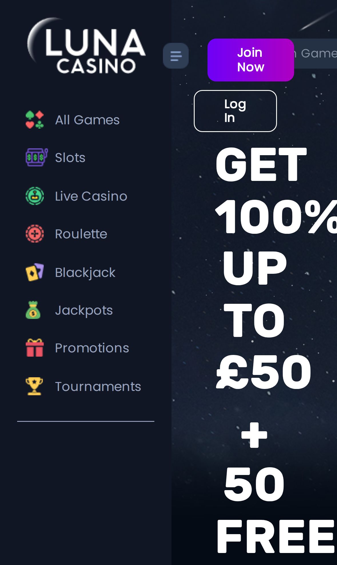 Luna Casino — Lobby (Mobile)