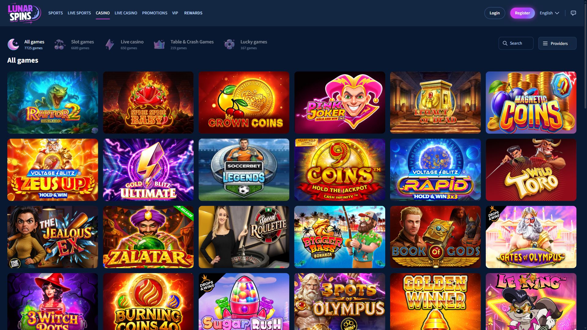Lunar Spins — Lobby (Desktop)