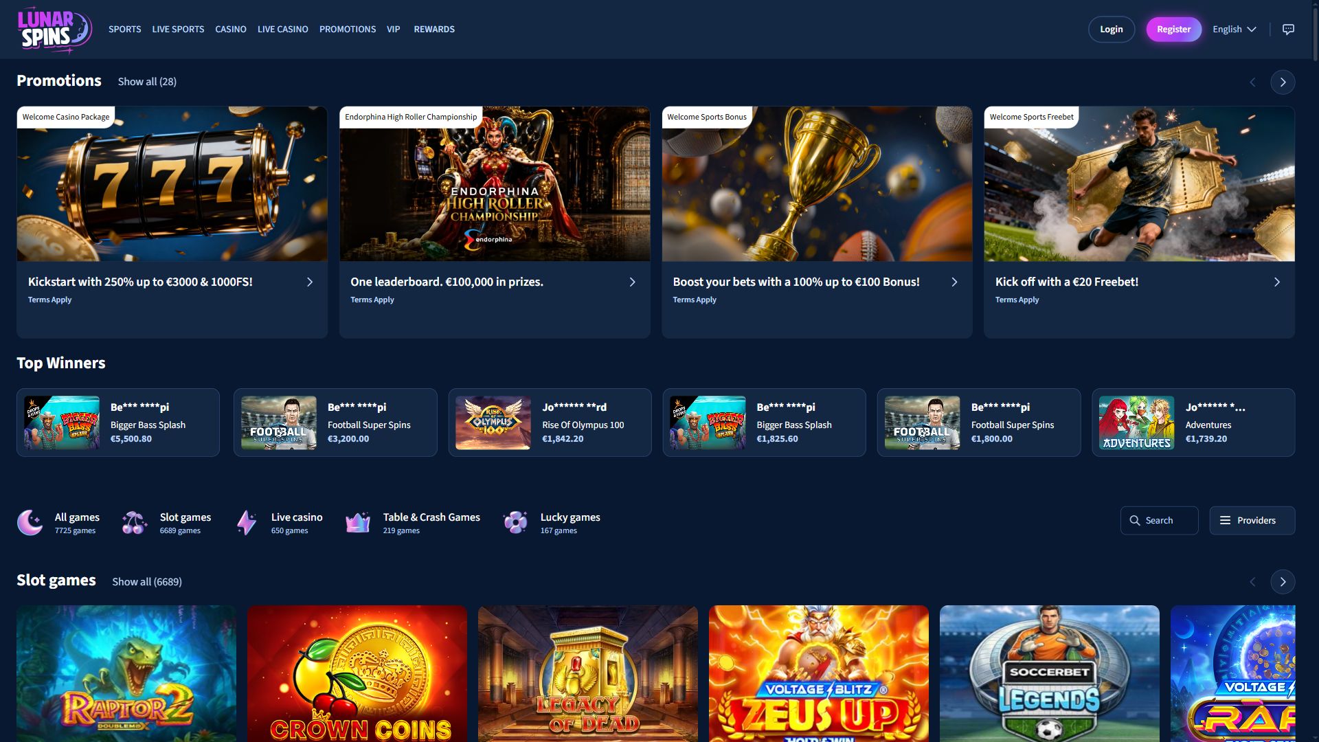 Lunar Spins — Homepage (Desktop)