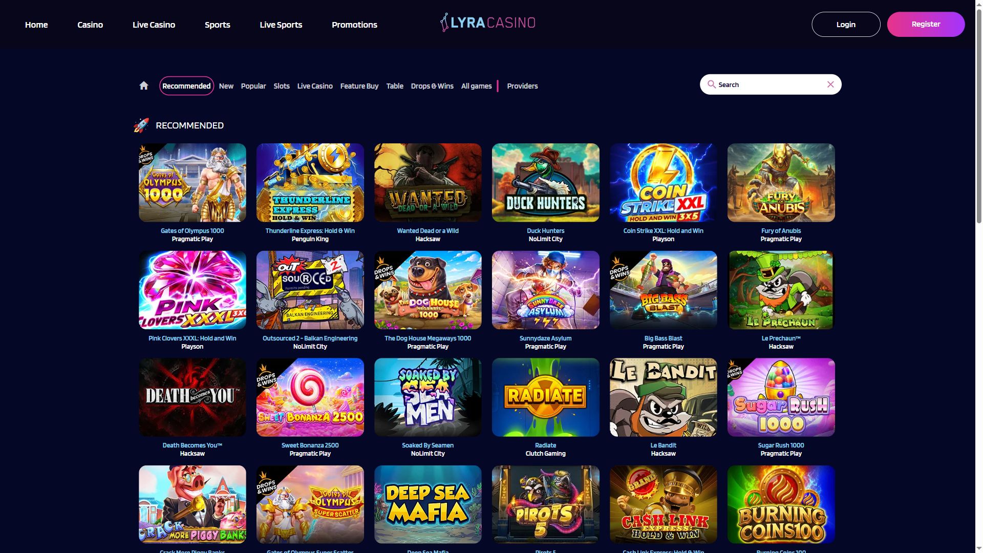 Lyracasino — Lobby (Desktop)