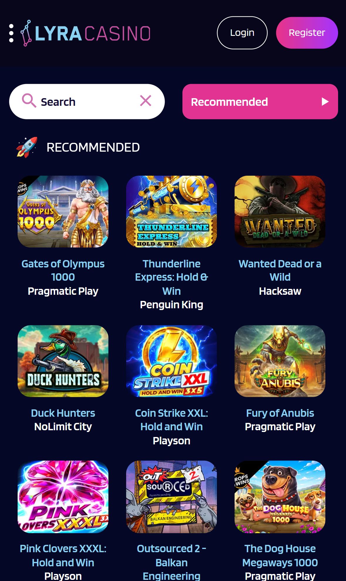Lyracasino — Lobby (Mobile)