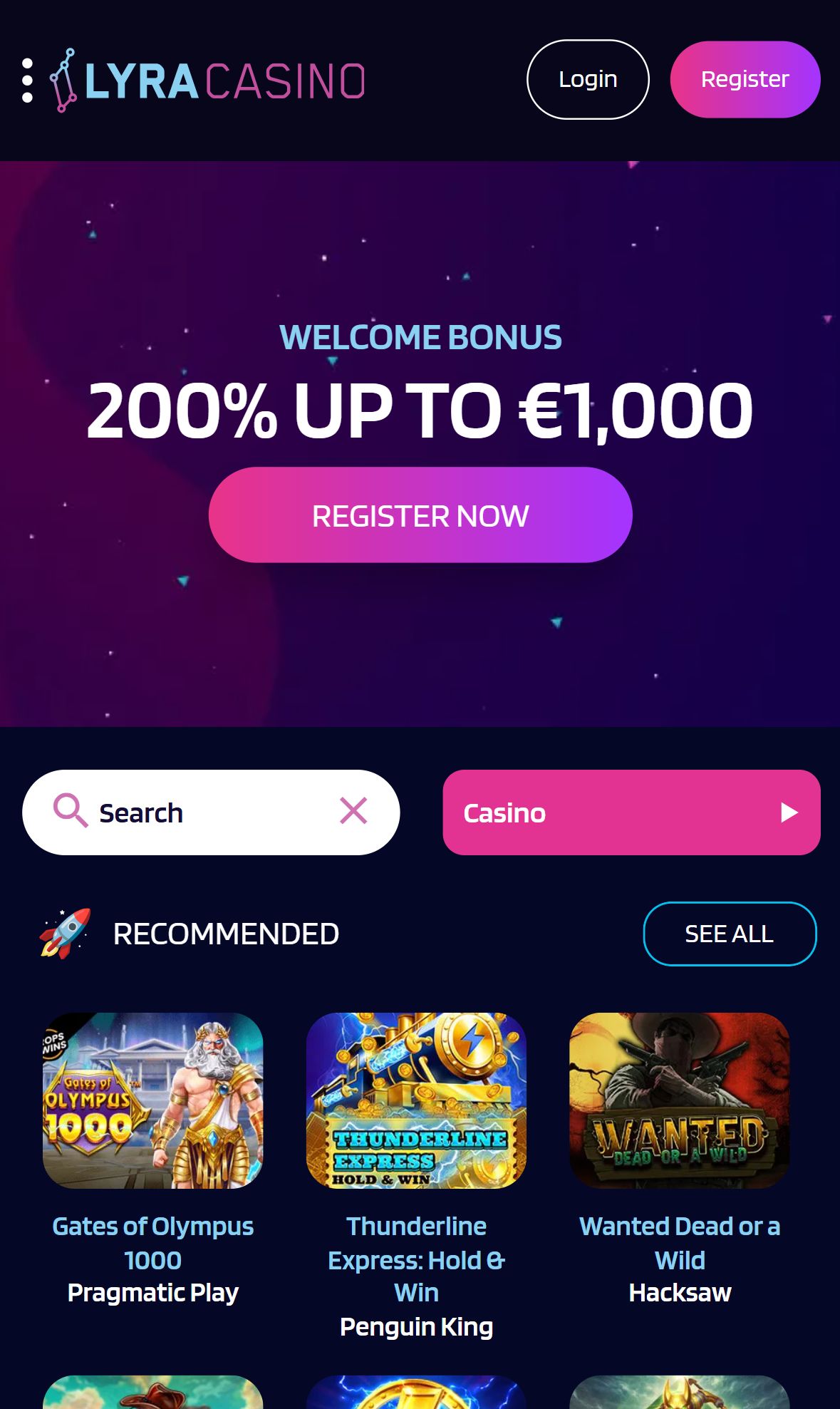 Lyracasino — Homepage (Mobile)