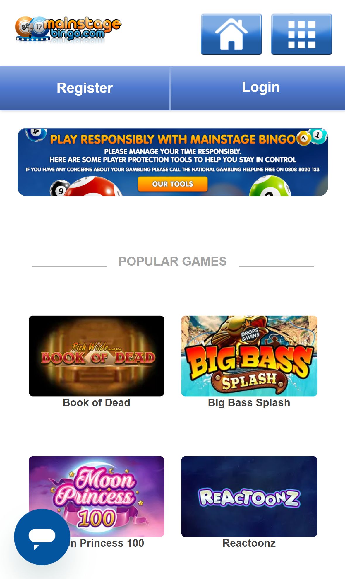 Main Stage Bingo — Homepage (Mobile)