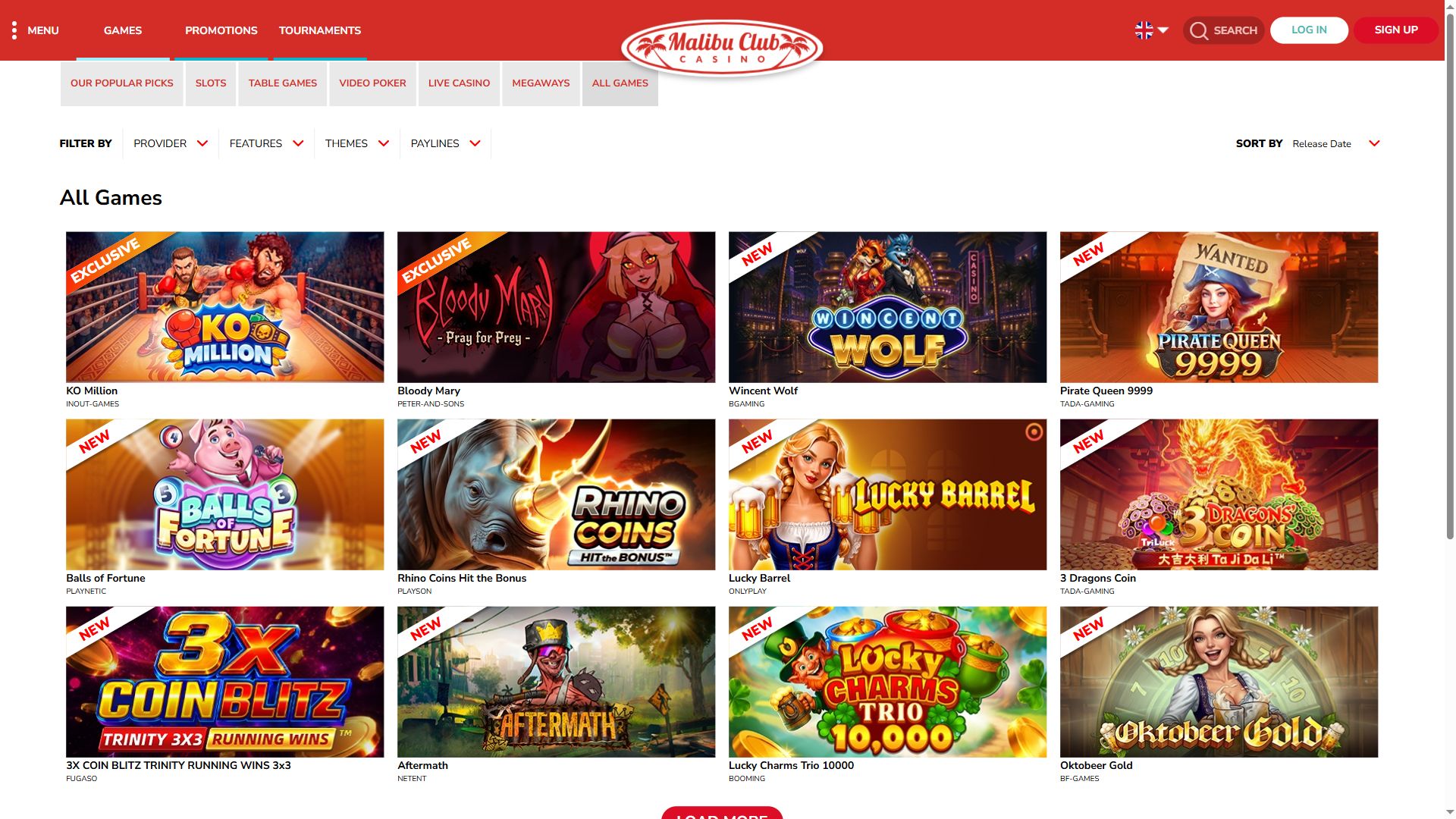 Malibu Club Casino — Lobby (Desktop)
