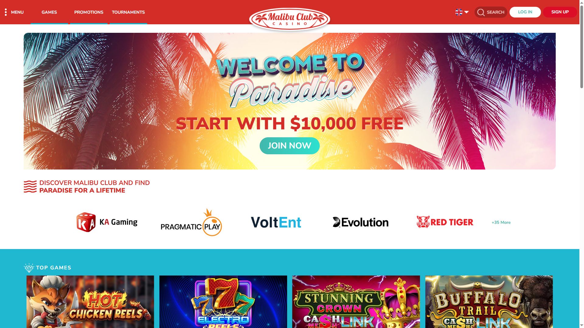Malibu Club Casino — Homepage (Desktop)
