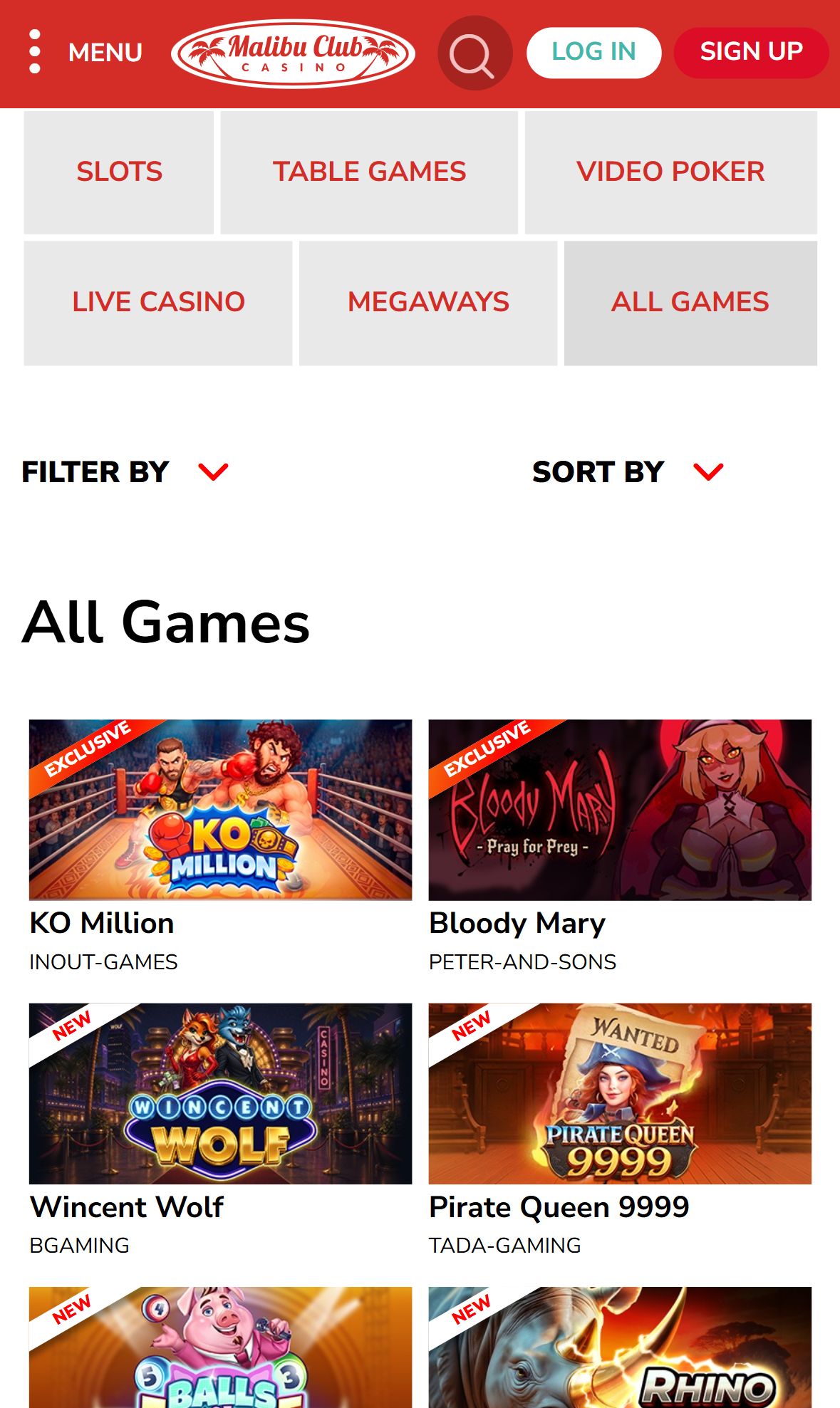 Malibu Club Casino — Lobby (Mobile)