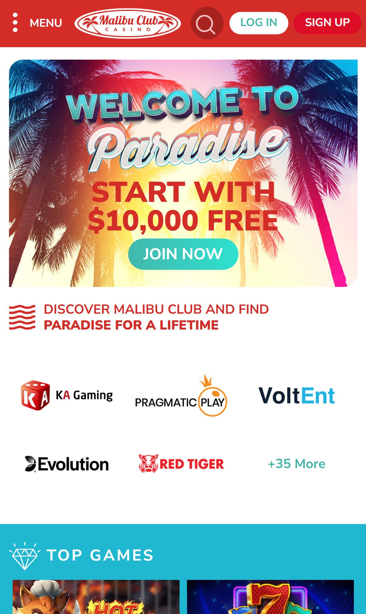 Malibu Club Casino — Homepage (Mobile)