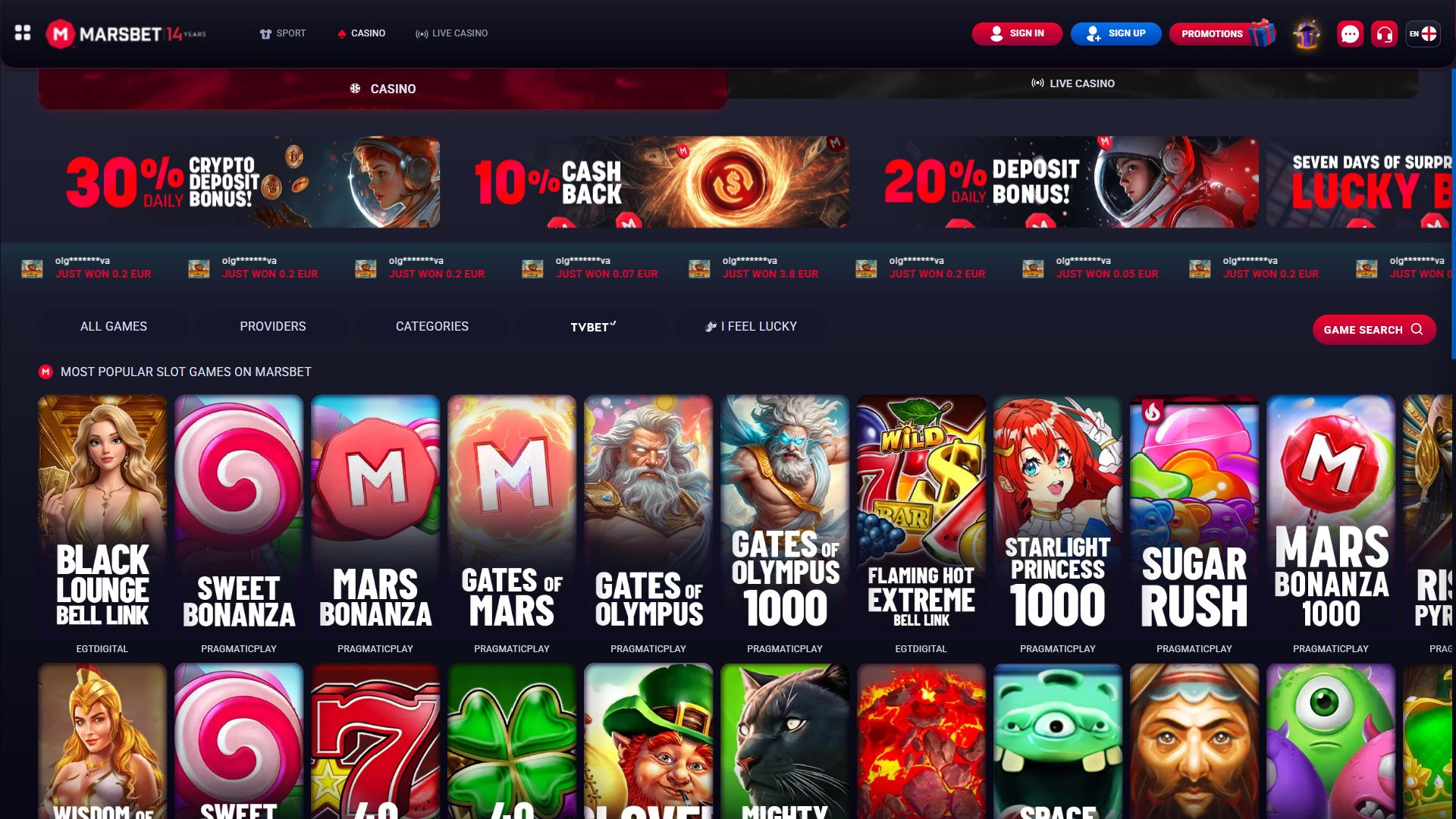 Marsbet — Lobby (Desktop)