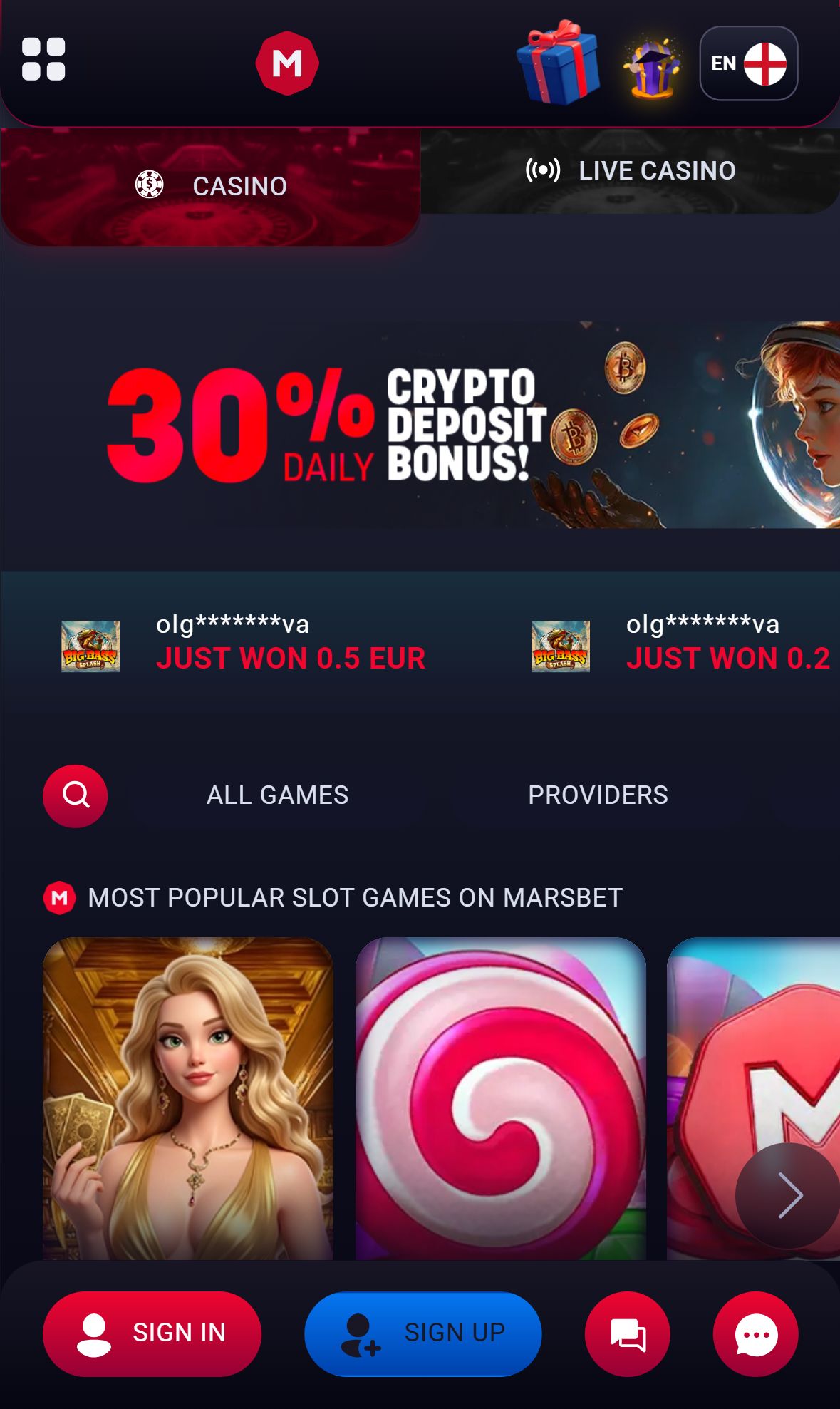 Marsbet — Lobby (Mobile)