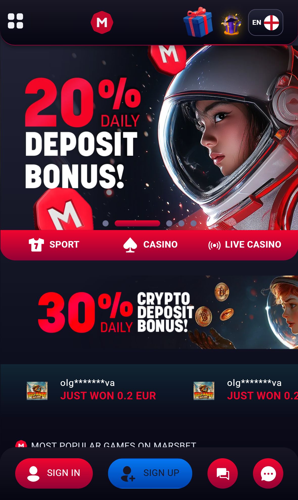 Marsbet — Homepage (Mobile)