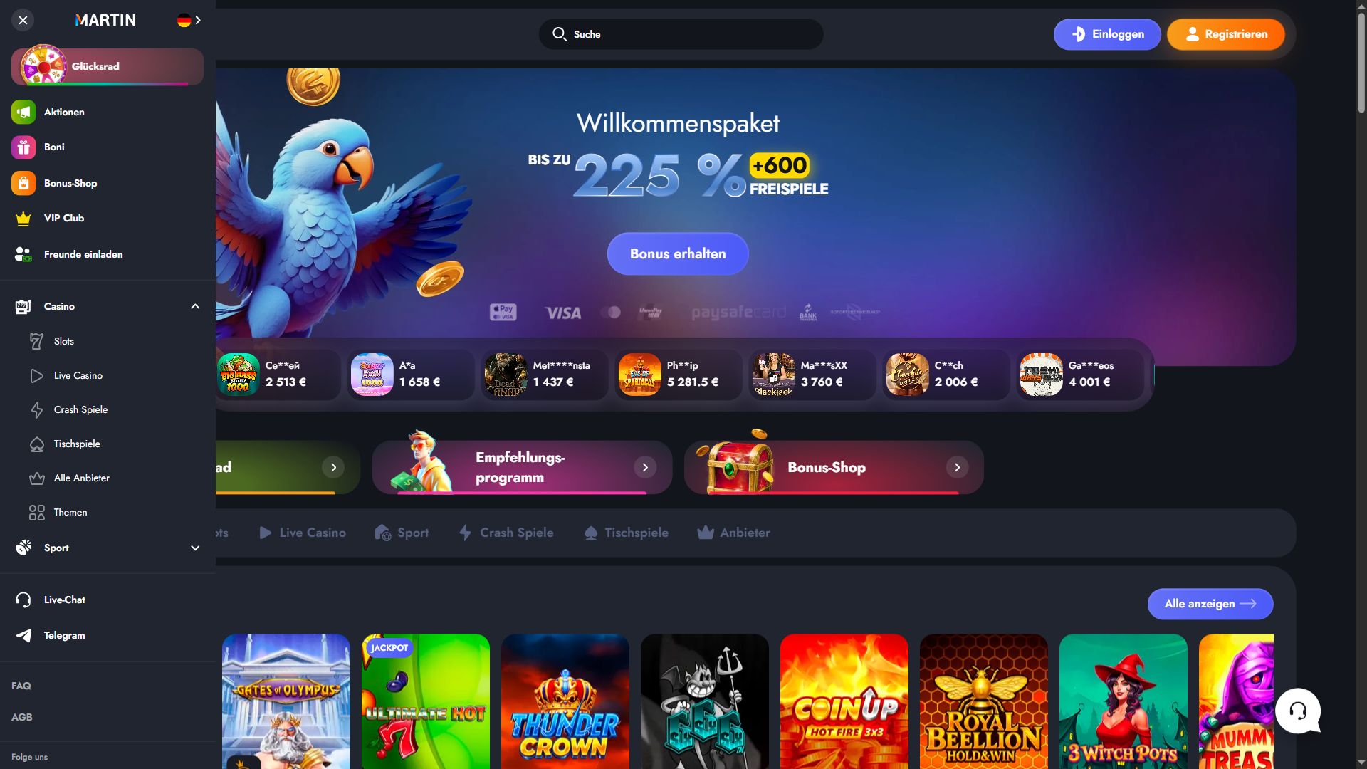 Martin Casino — Startseite (Desktop)