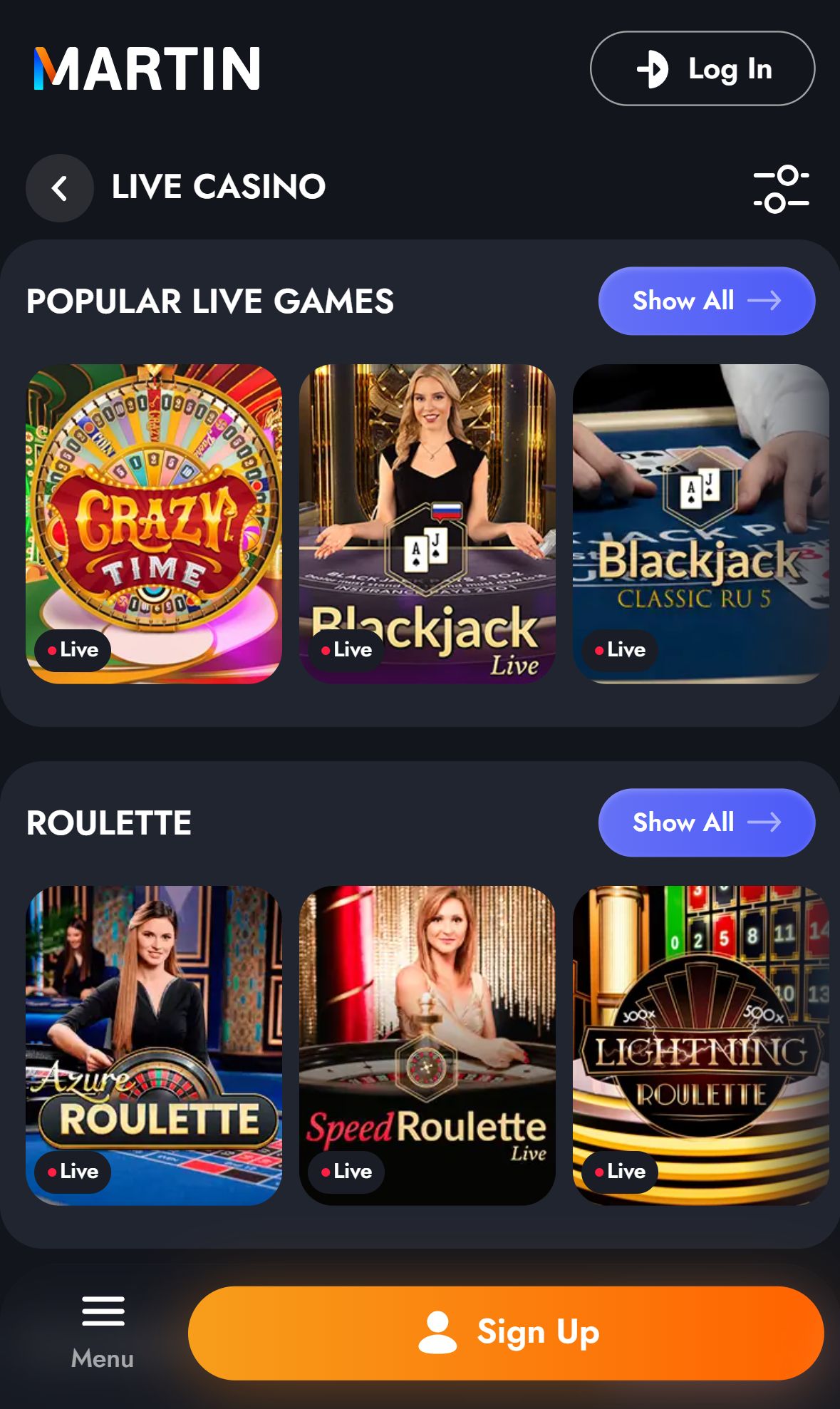 Martin Casino — Lobby (Mobile)