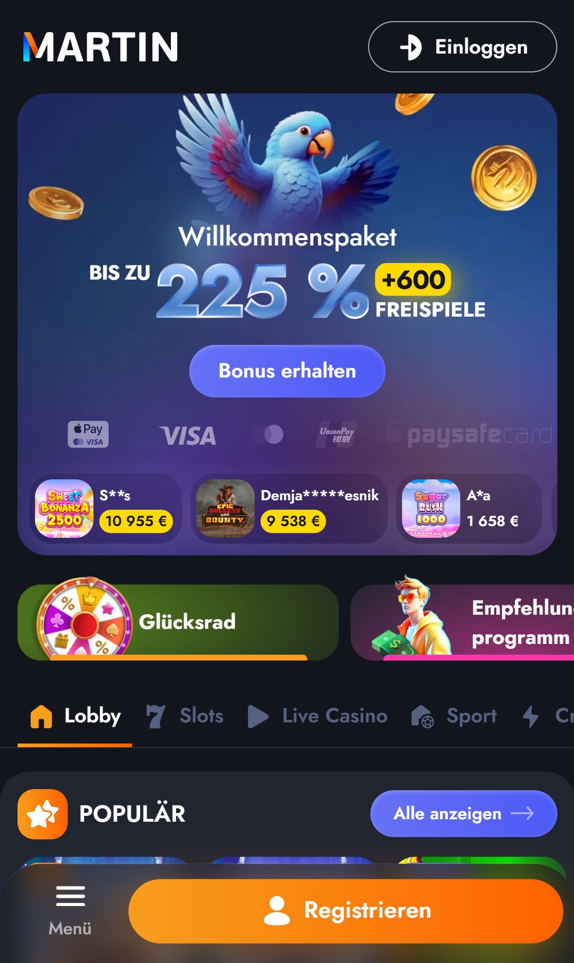 Martin Casino — Startseite (Mobil)