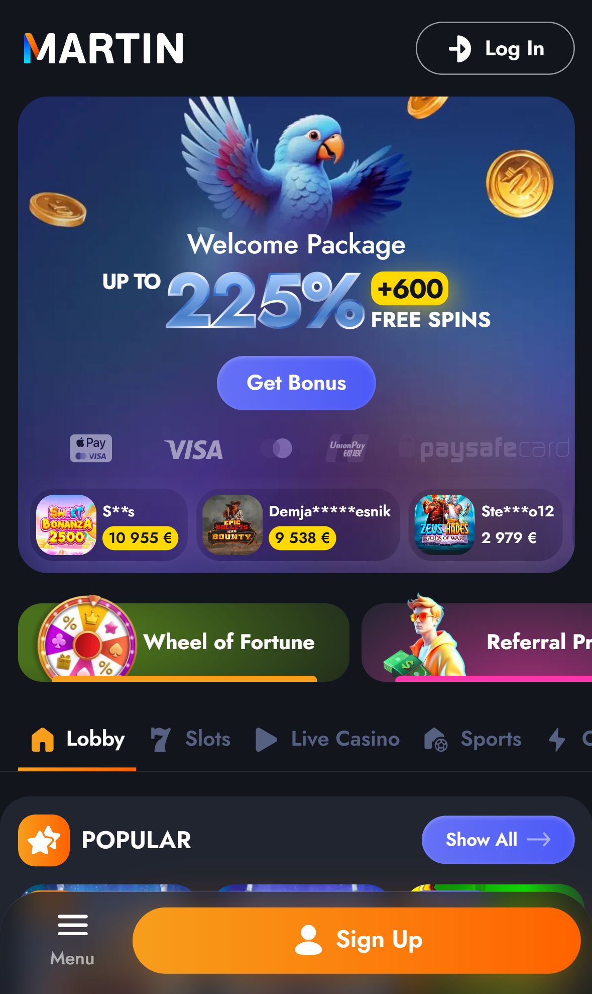 Martin Casino — Homepage (Mobile)