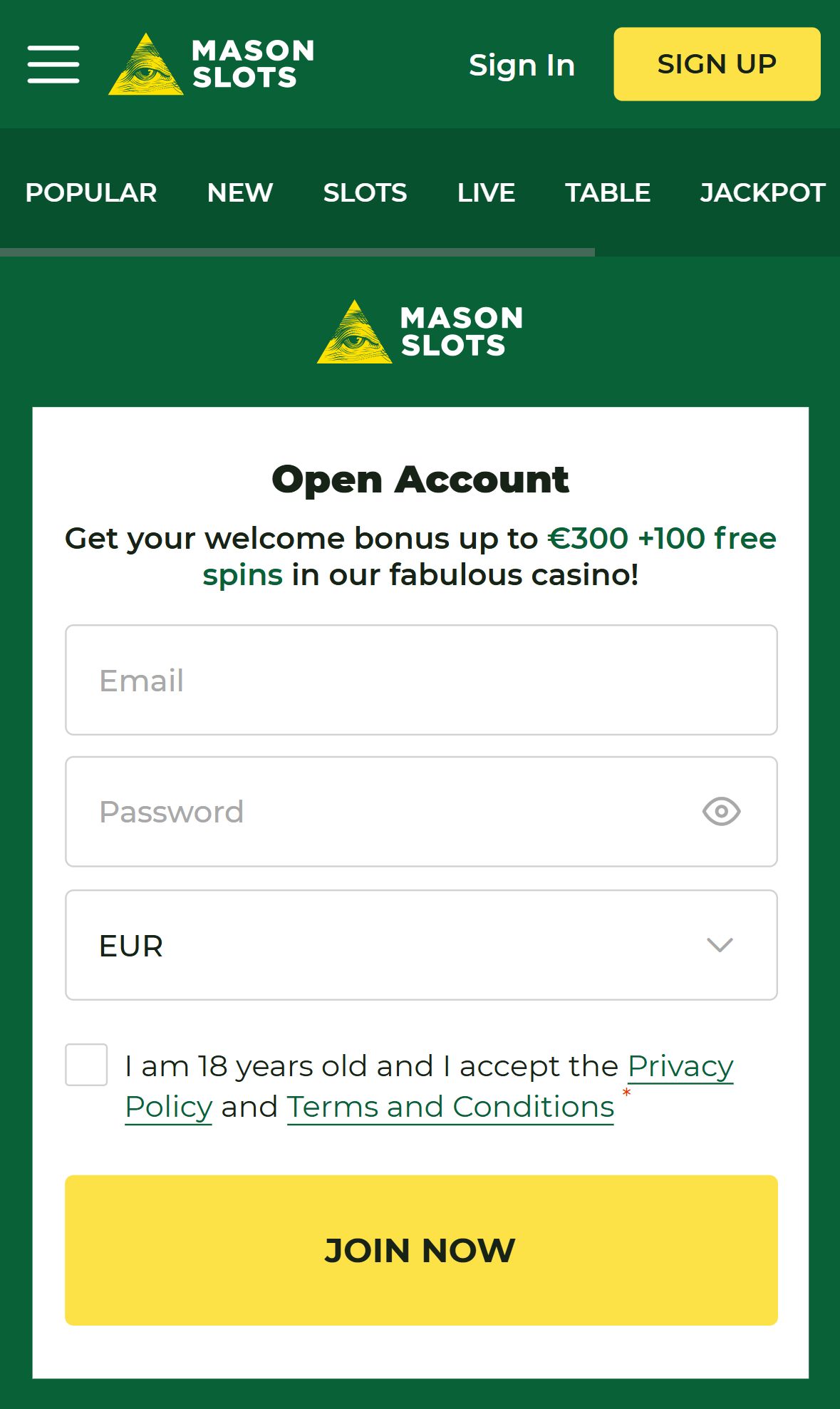Masonslots — Homepage (Mobile)