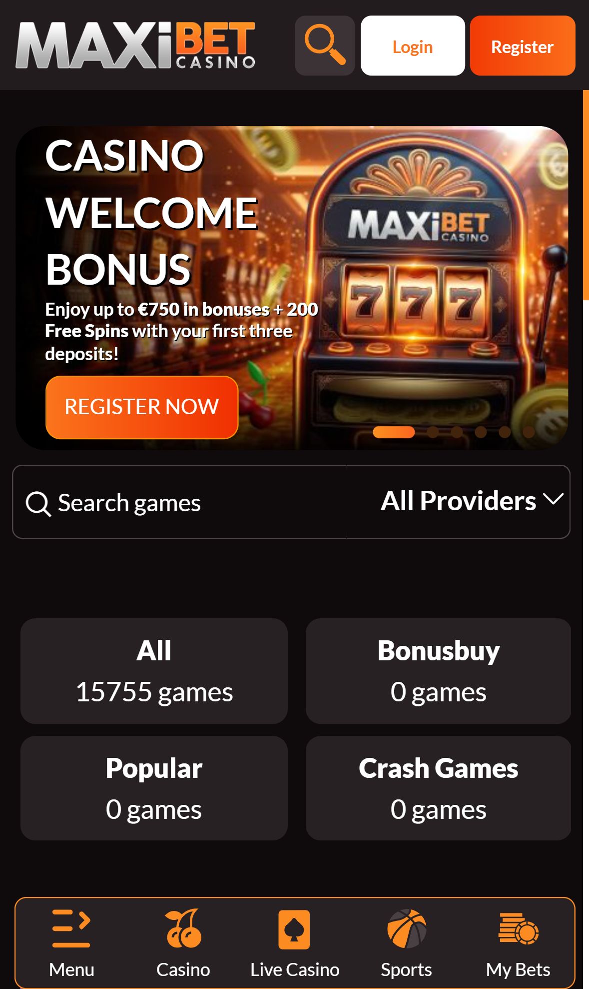Maxi Bet  Casino — Lobby (Mobile)