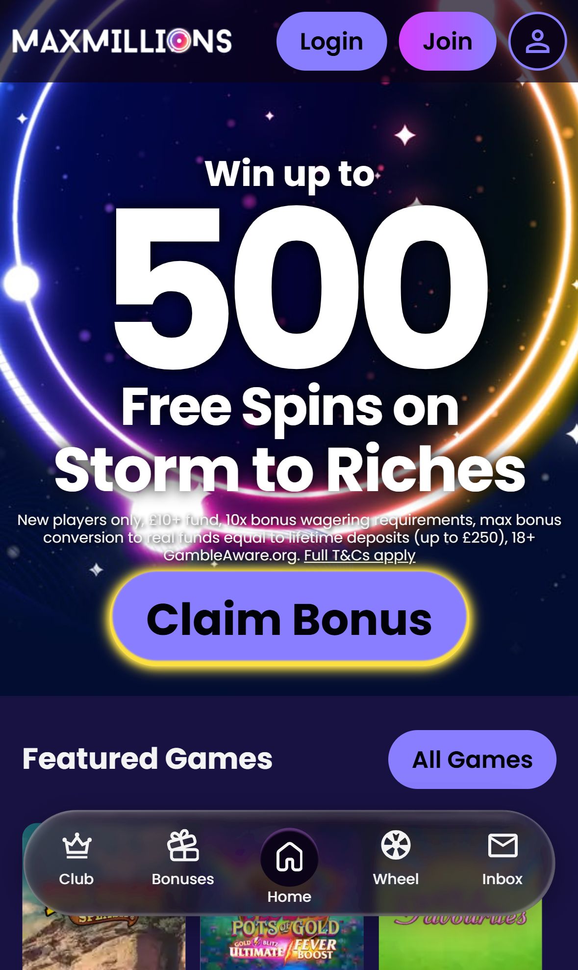 Maxmillions — Homepage (Mobile)