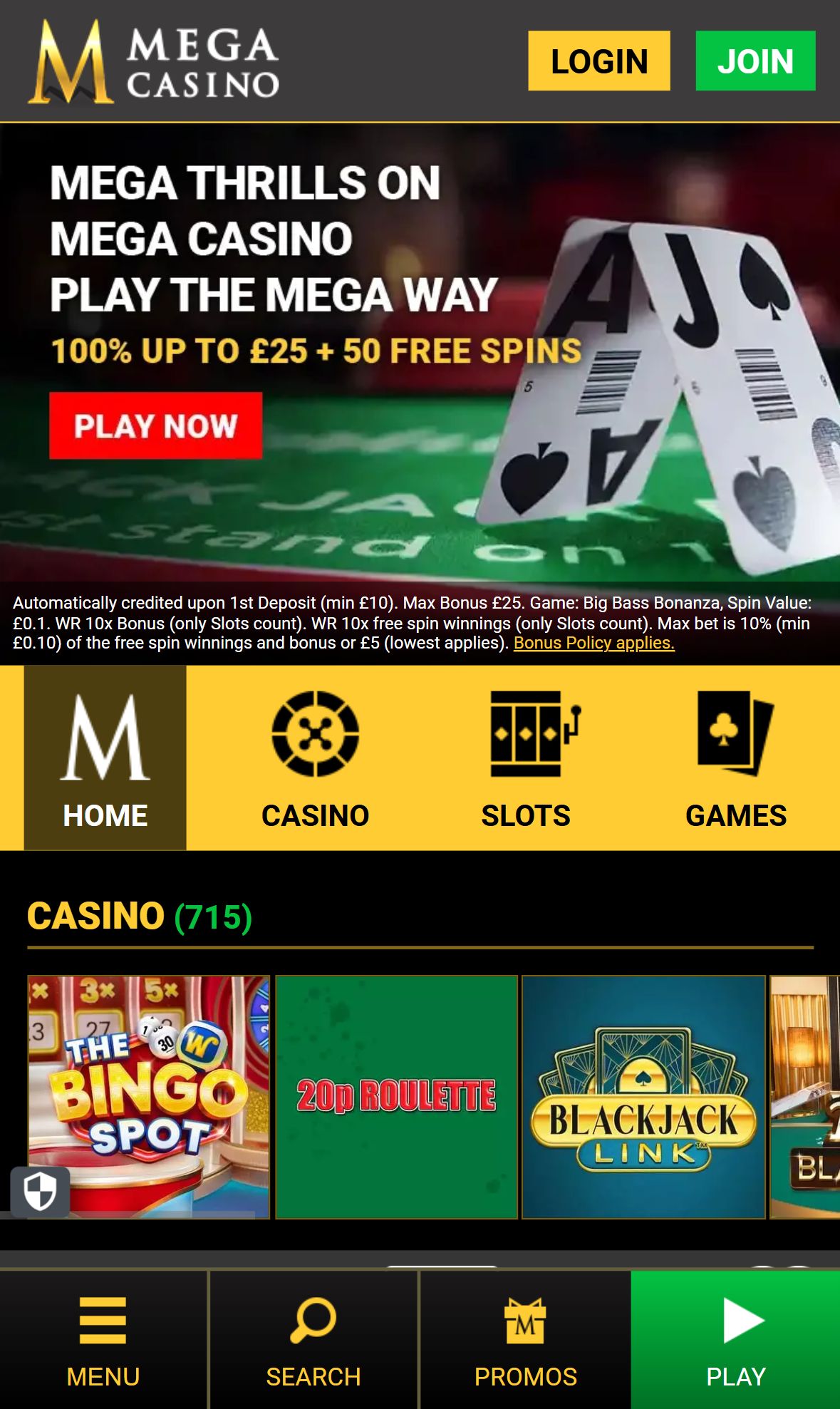 Mega Casino — Homepage (Mobile)