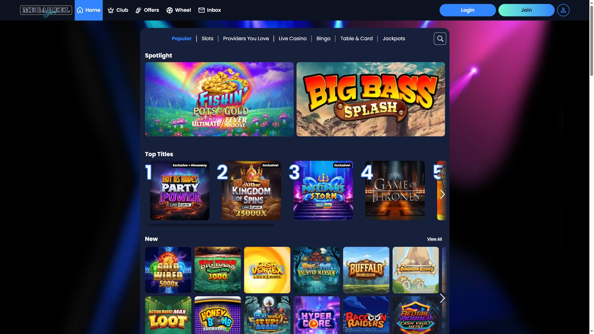 Megareelspins — Lobby (Desktop)