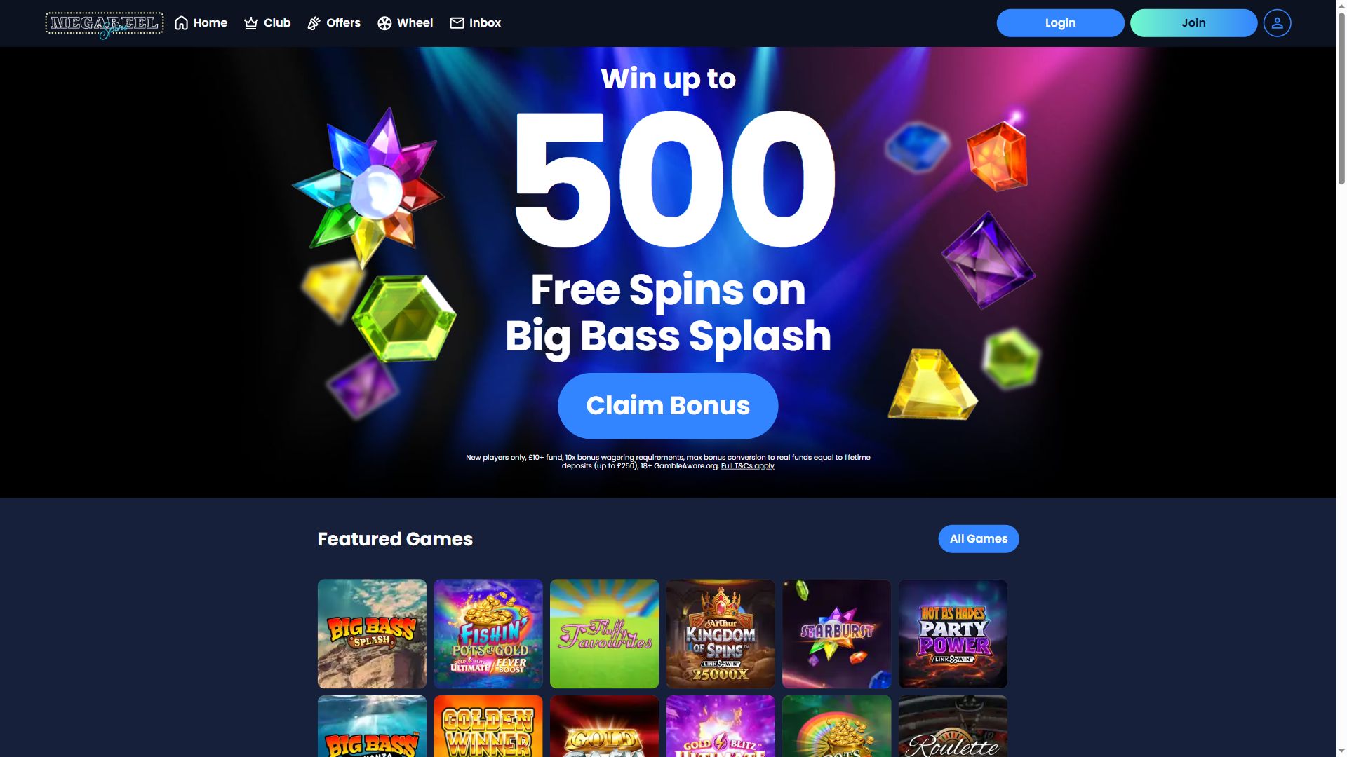 Megareelspins — Homepage (Desktop)