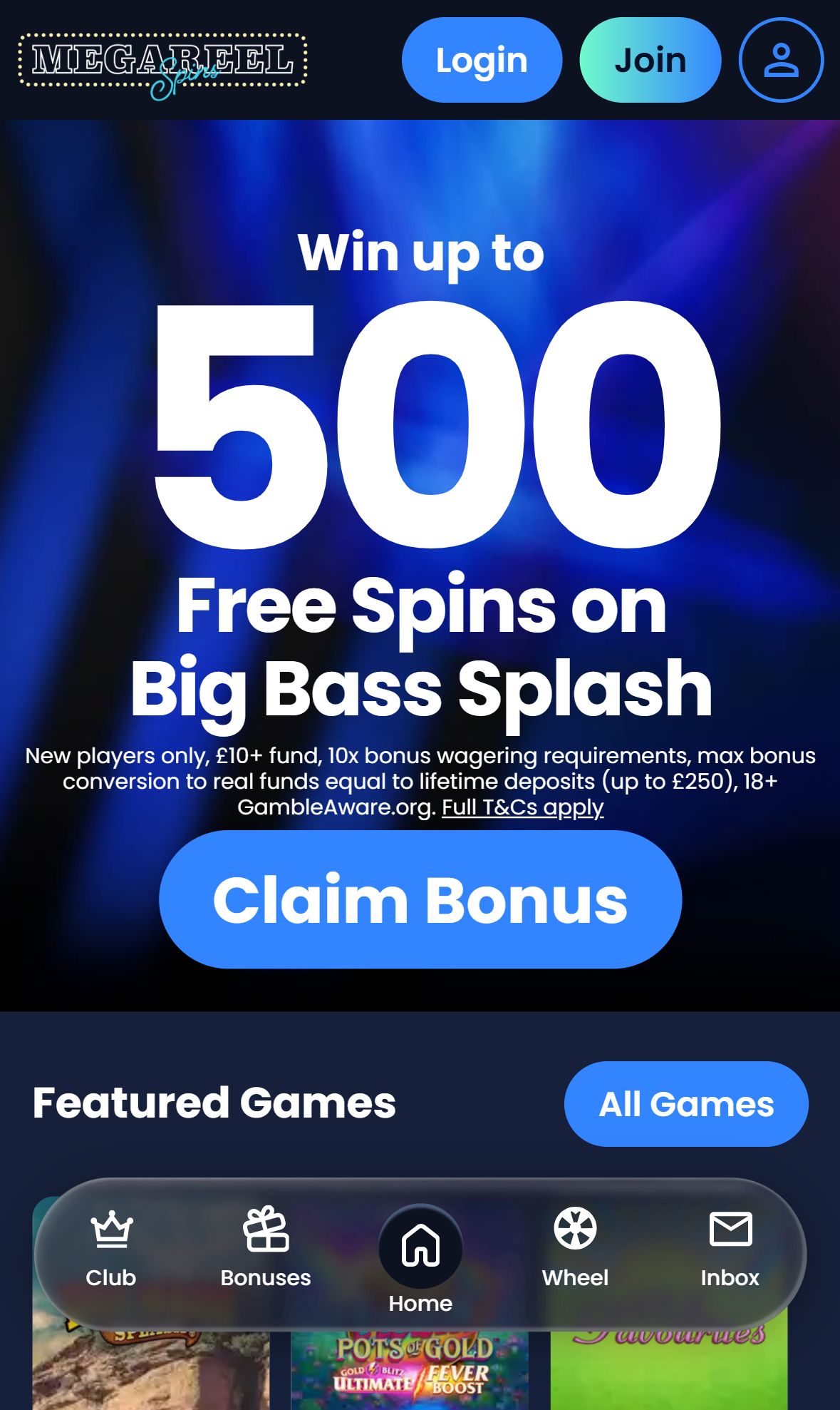 Megareelspins — Homepage (Mobile)