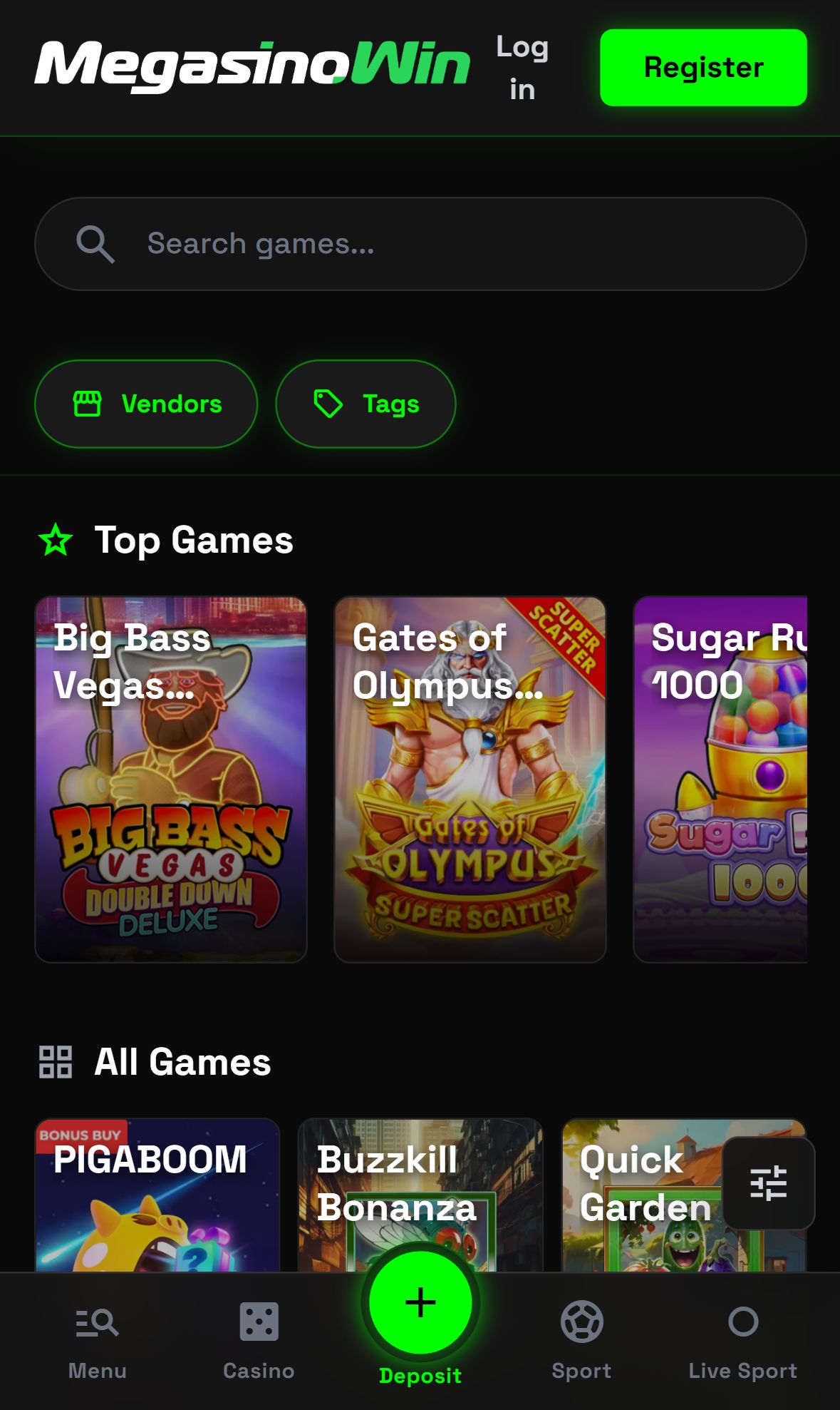 MegasinoWin — Lobby (Mobile)
