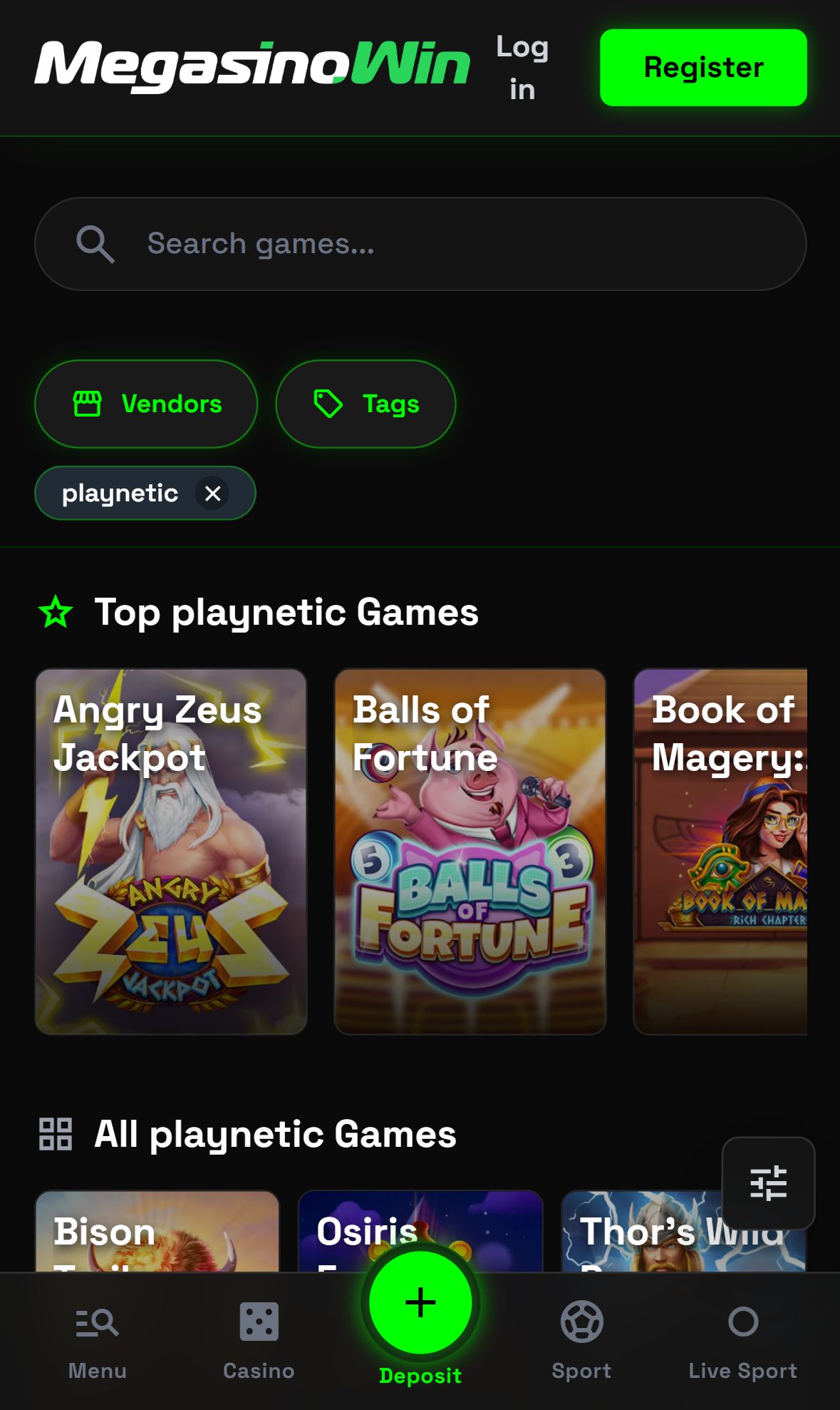 MegasinoWin — Homepage (Mobile)