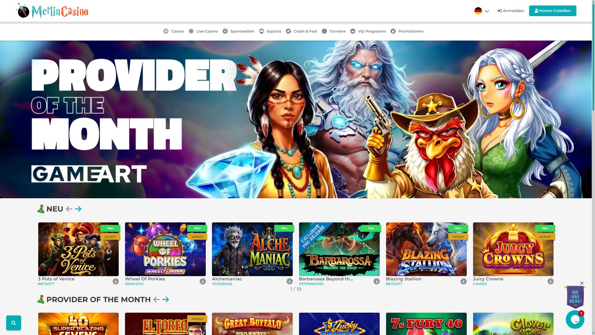 Merlin Casino — Startseite (Desktop)