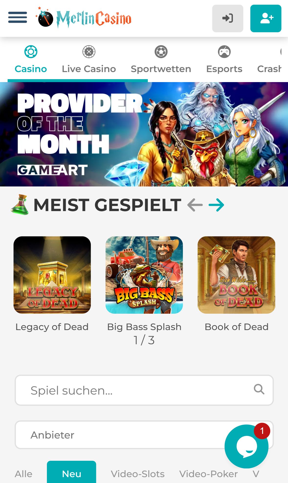 Merlin Casino — Lobby (Mobil)