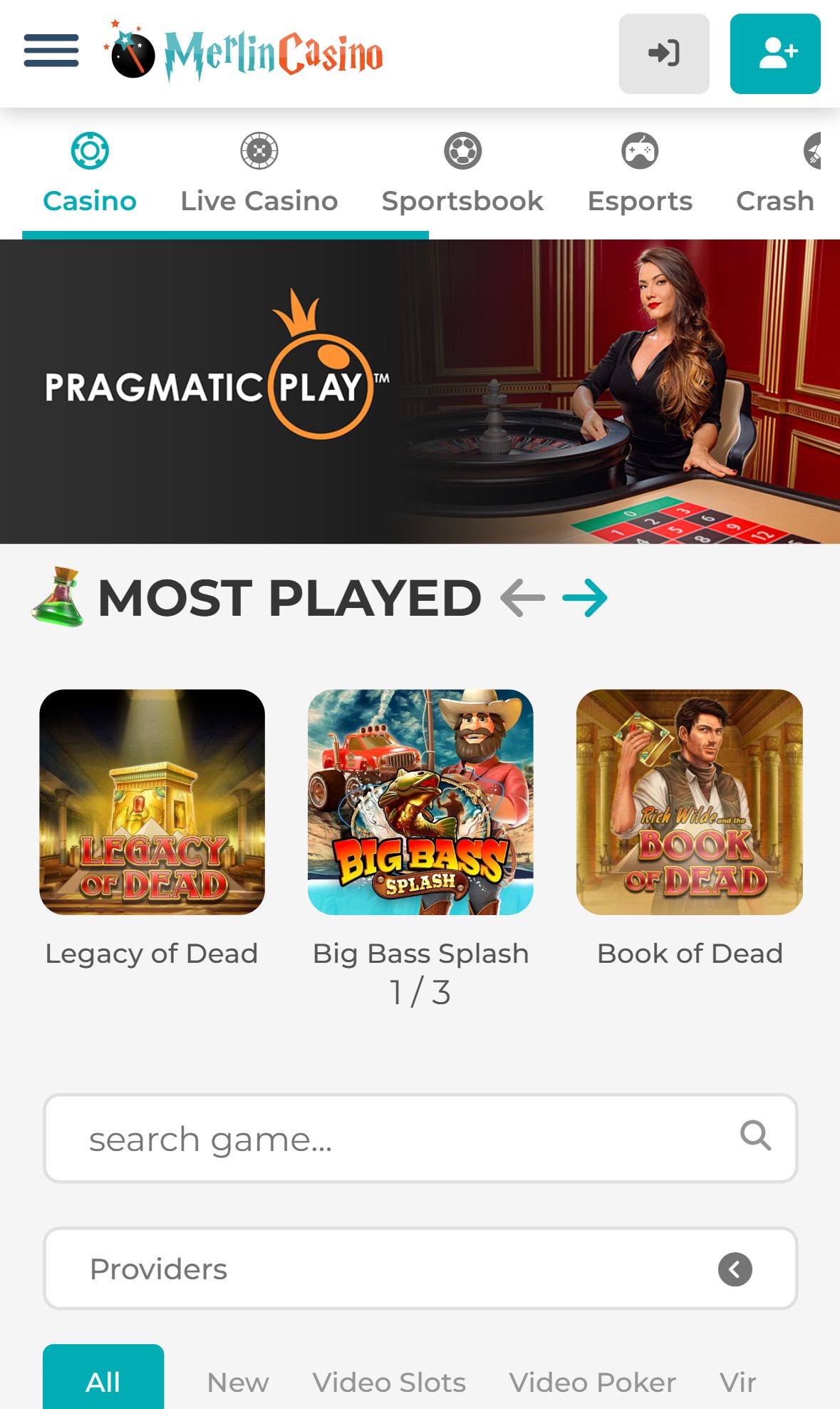 Merlin Casino — Lobby (Mobile)