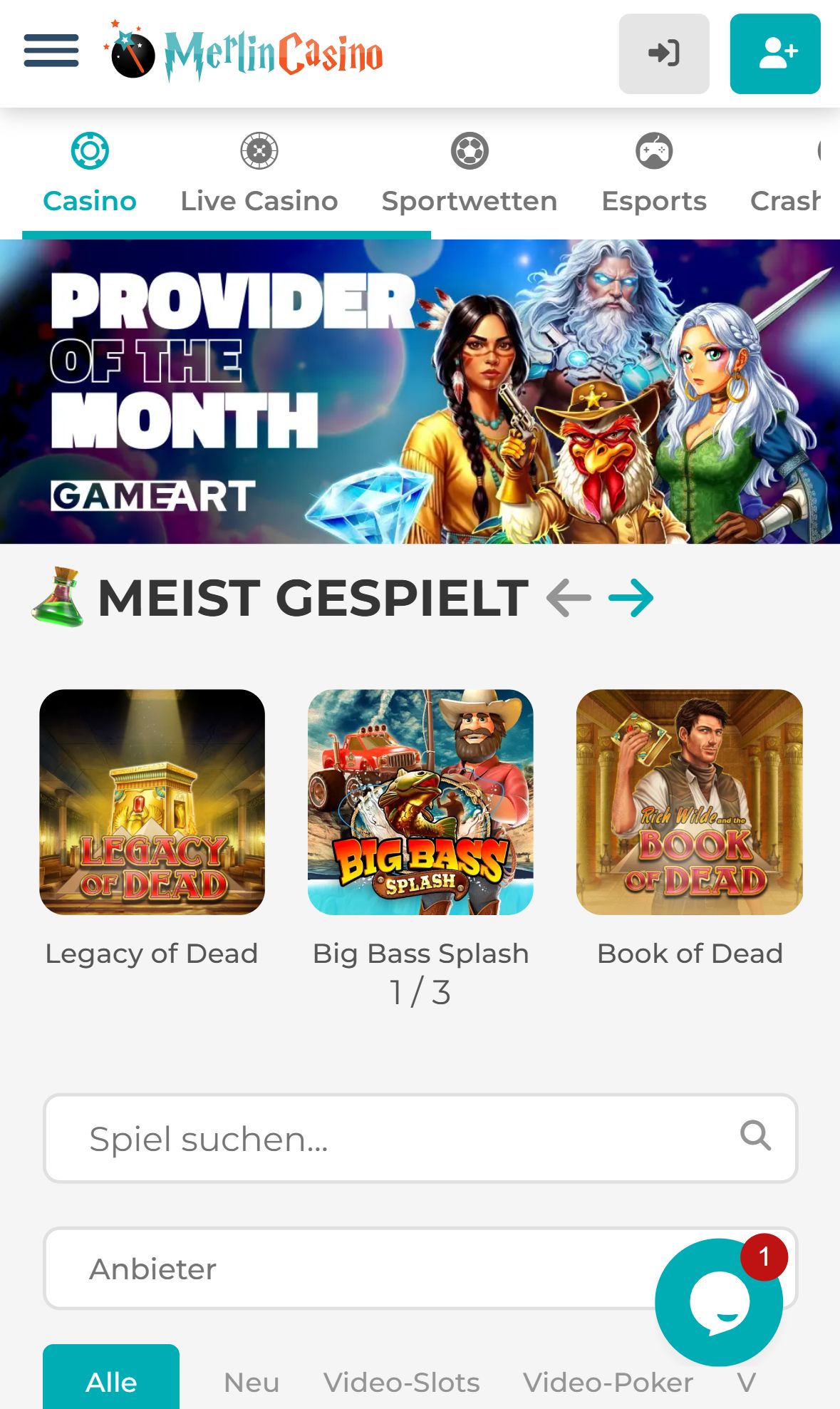 Merlin Casino — Startseite (Mobil)