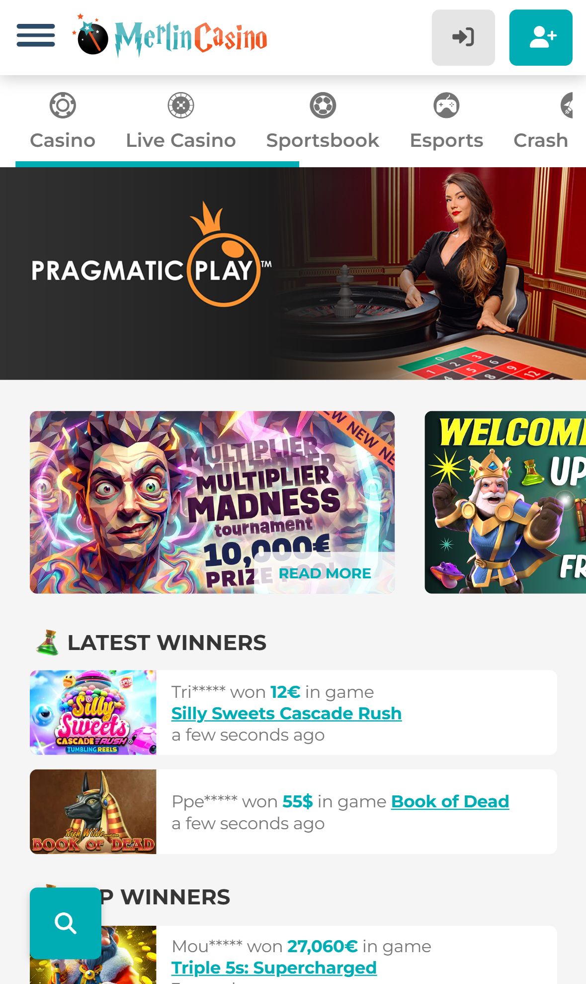 Merlin Casino — Homepage (Mobile)