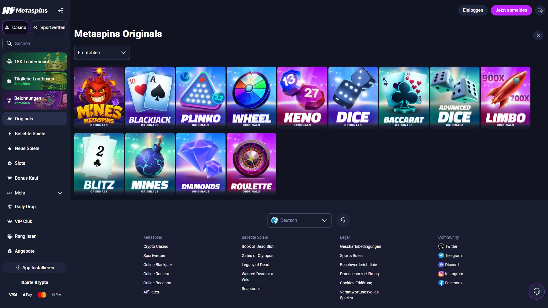Metaspins — Lobby (Desktop)