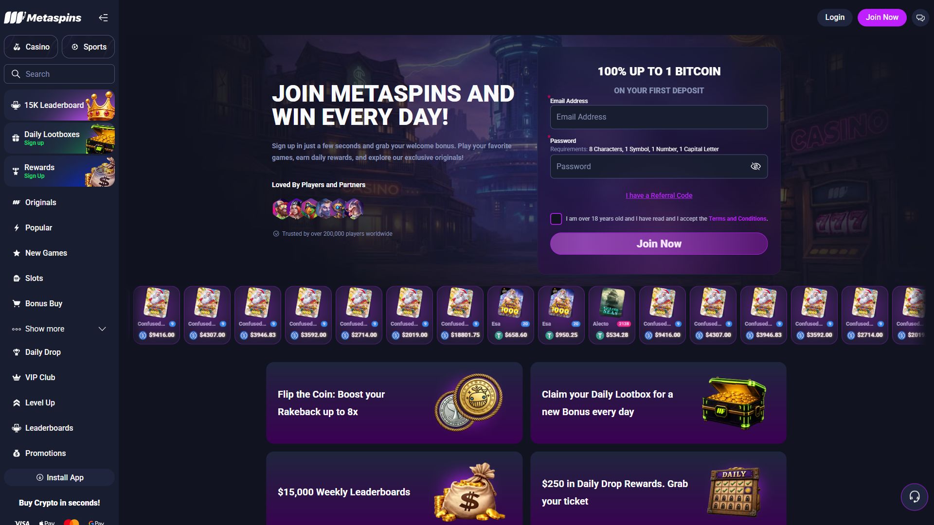 Metaspins — Homepage (Desktop)