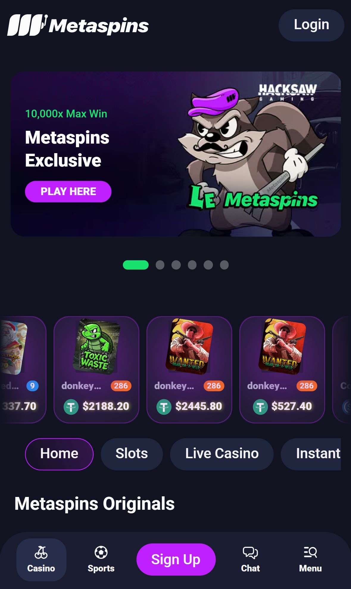Metaspins — Lobby (Mobile)