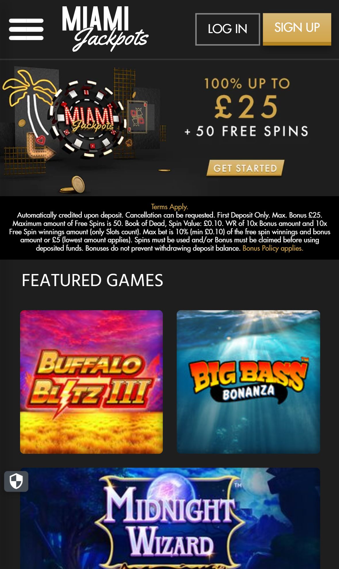 Miami Jackpots — Homepage (Mobile)