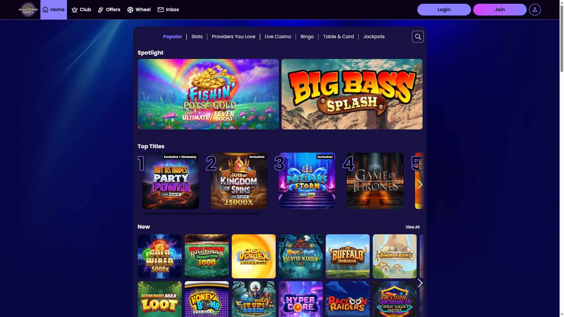 Millionaire Games — Lobby (Desktop)
