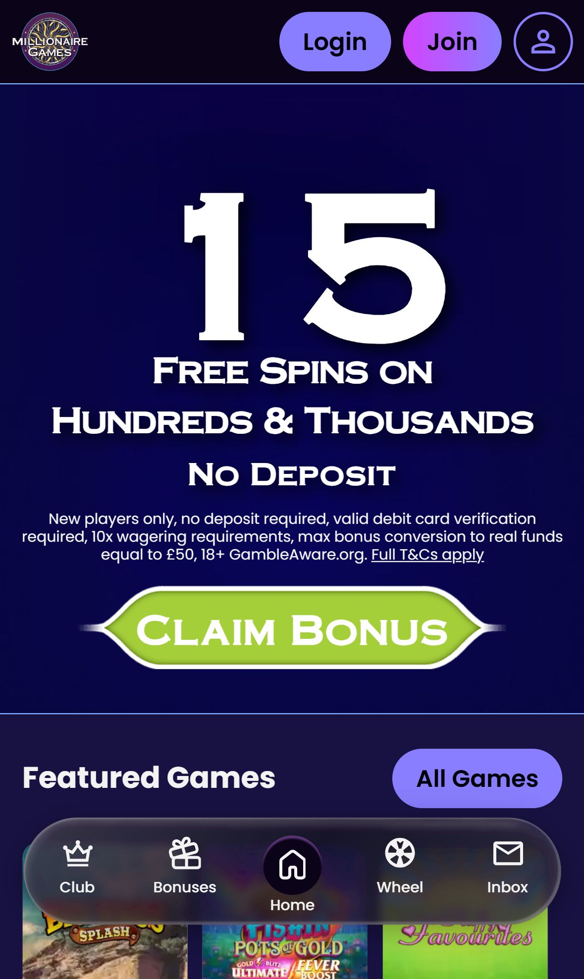 Millionaire Games — Homepage (Mobile)
