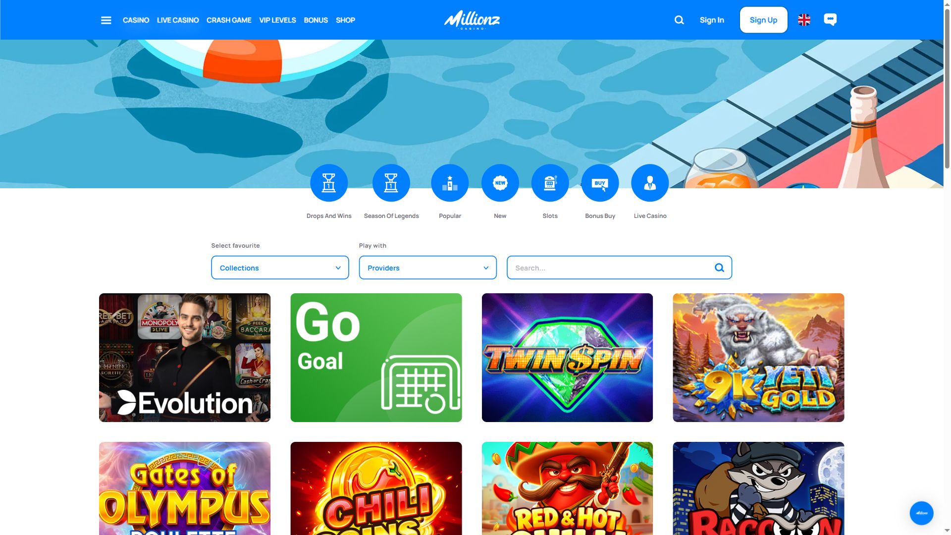 Millionz Casino — Lobby (Desktop)