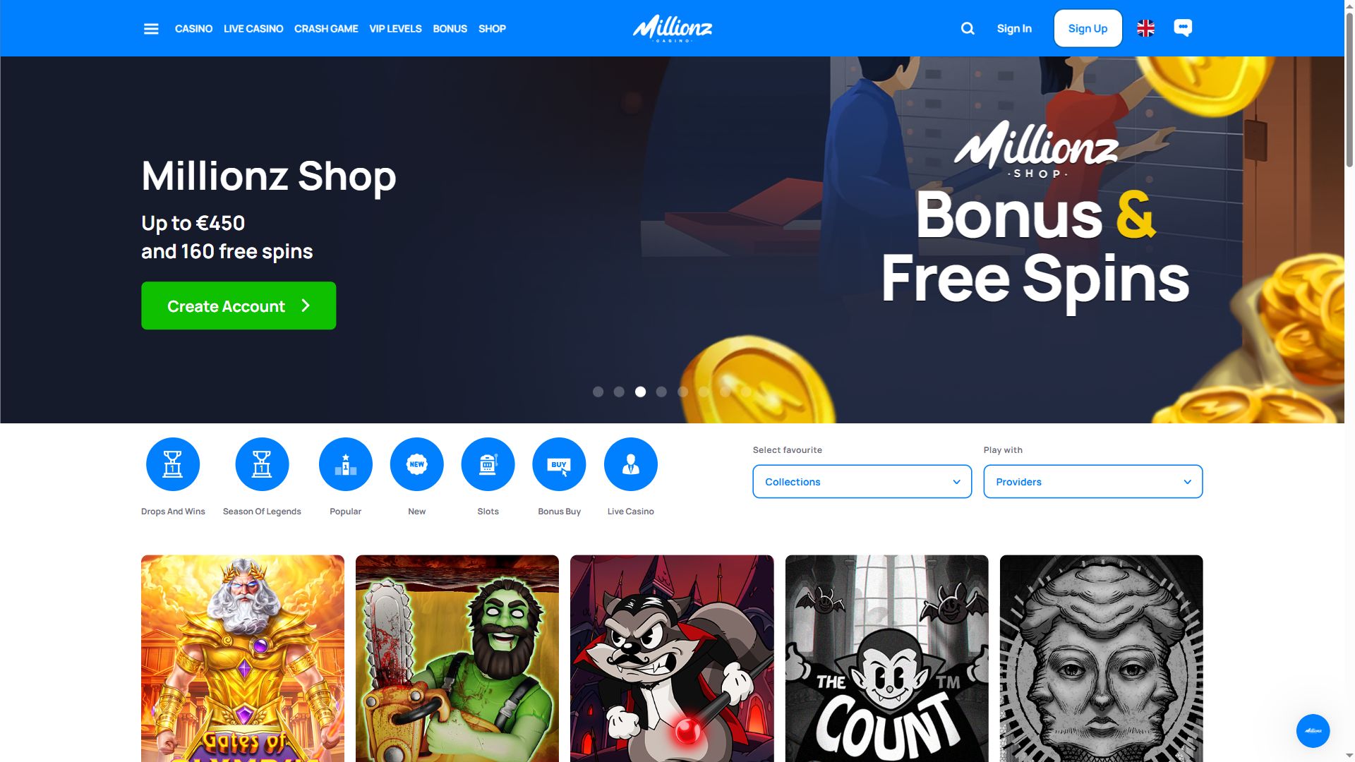 Millionz Casino — Homepage (Desktop)