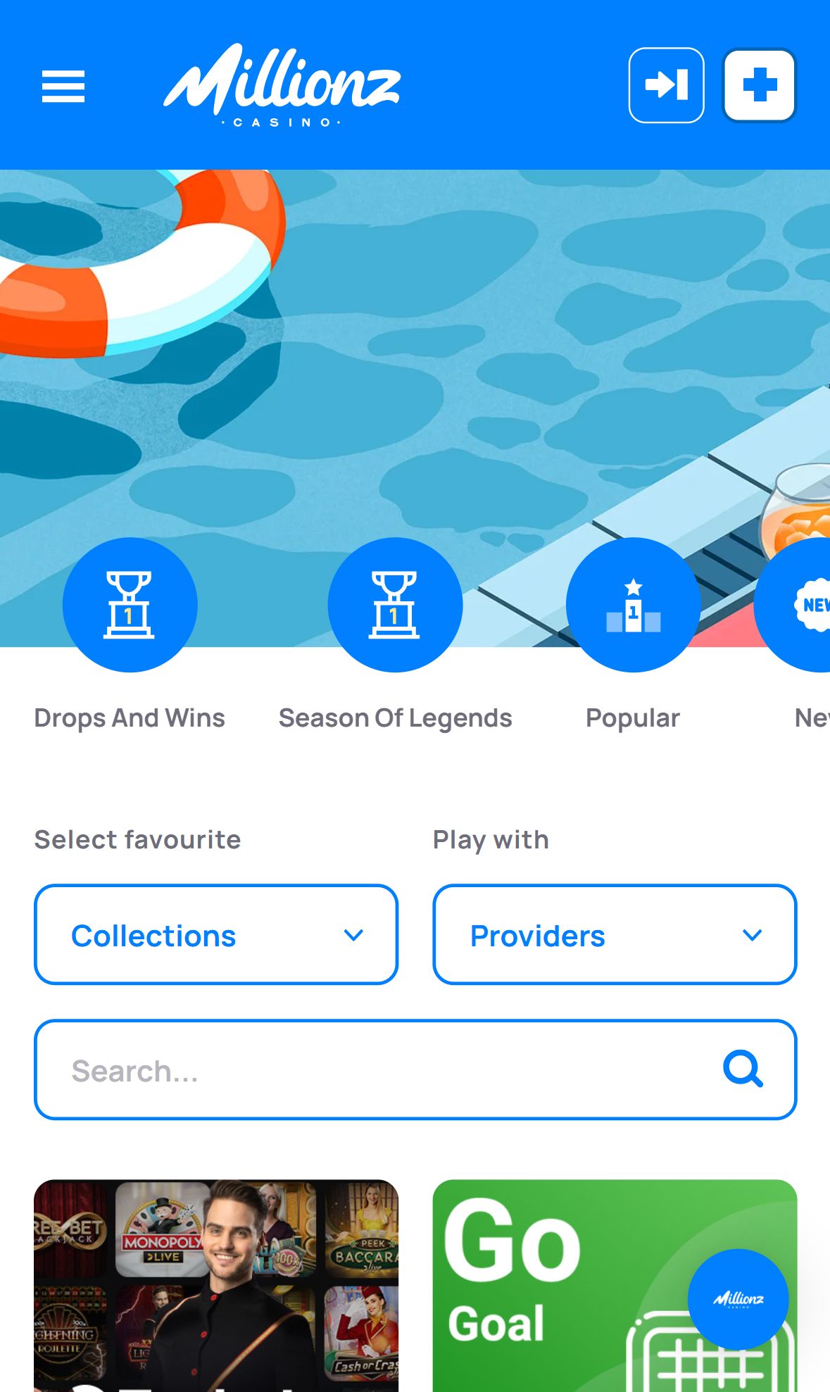 Millionz Casino — Lobby (Mobile)