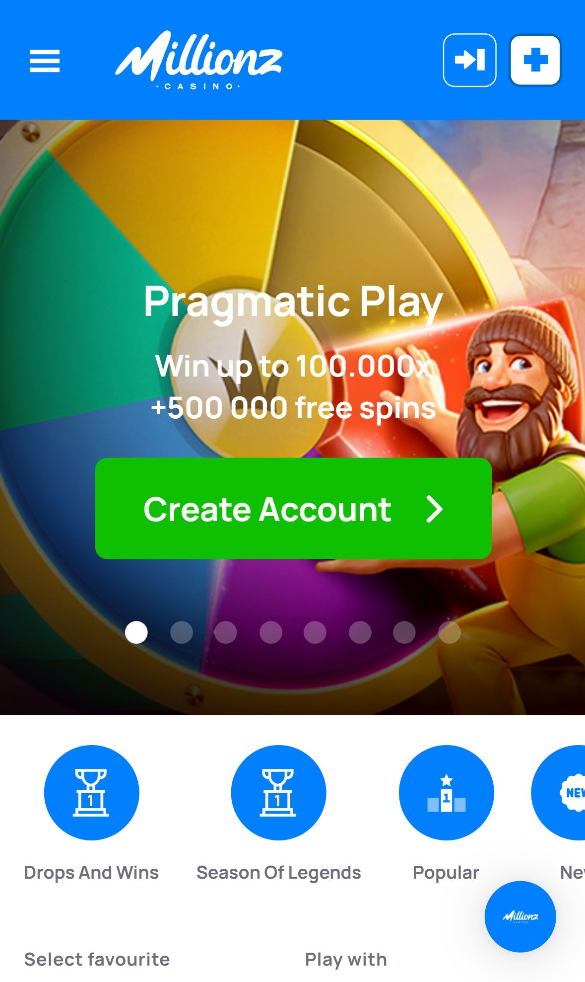 Millionz Casino — Homepage (Mobile)