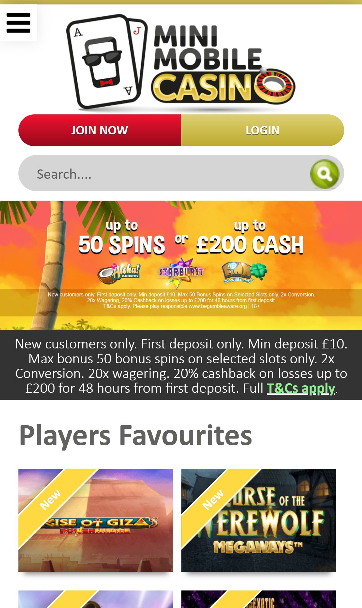 Minimobile Casino — Homepage (Mobile)