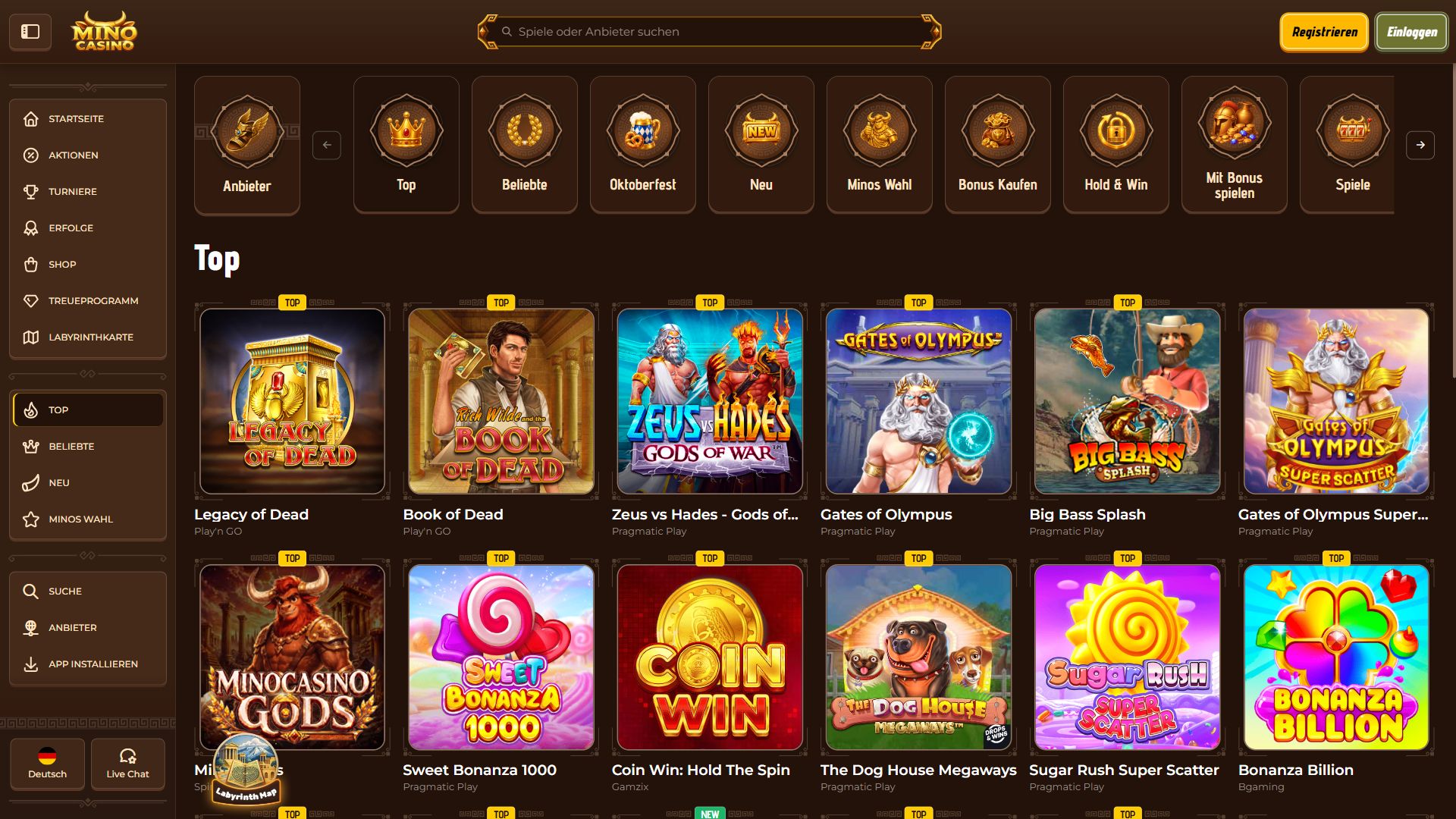 Mino Casino — Lobby (Desktop)
